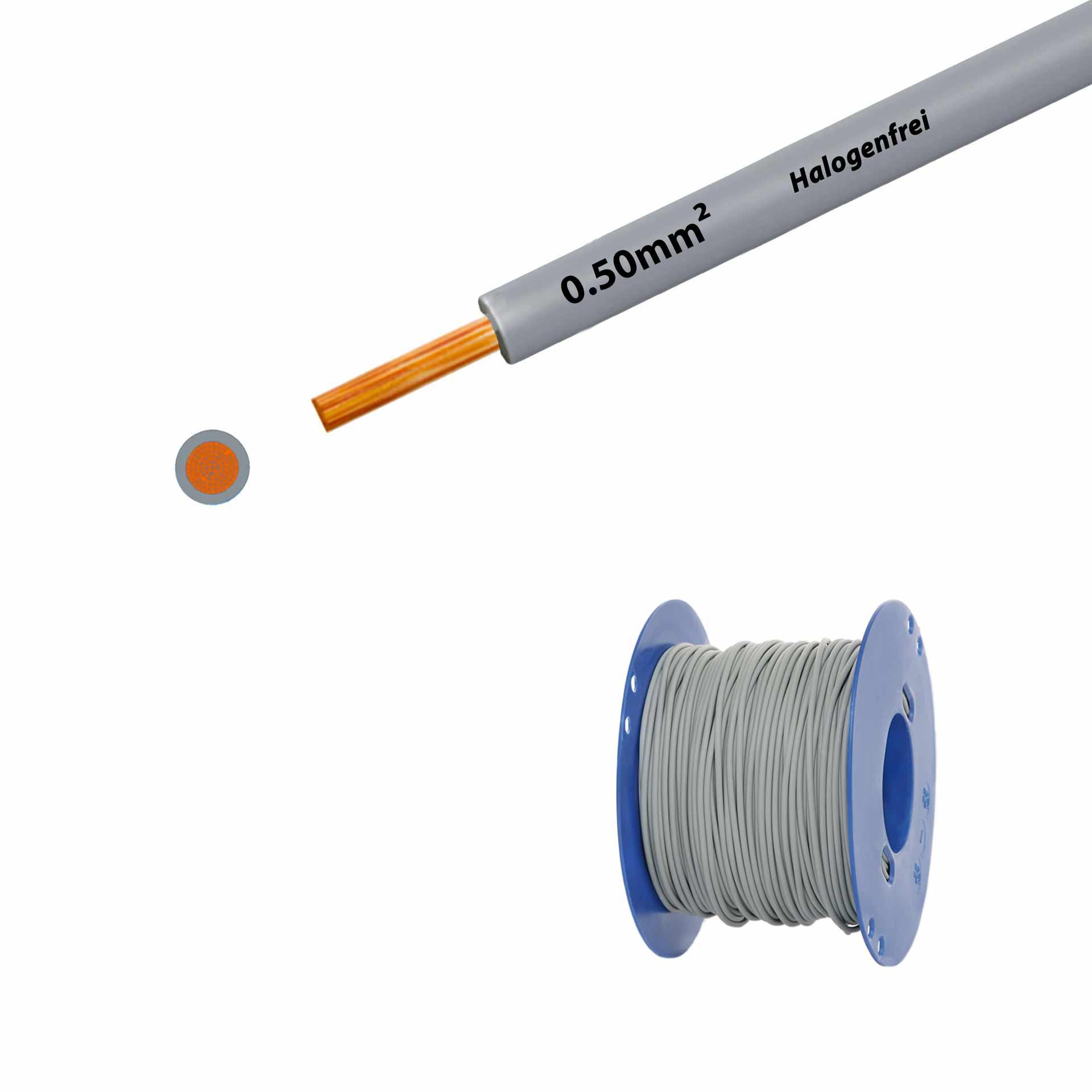 Cavo a trefoli senza alogeni 90° C, 500 V, 0,50 mm2, grigio (RAL 7001), su bobina di plastica Cavo a trefoli senza alogeni 90° C, 500 V, 0,50 mm2, grigio (RAL 7001), su bobina di plastica