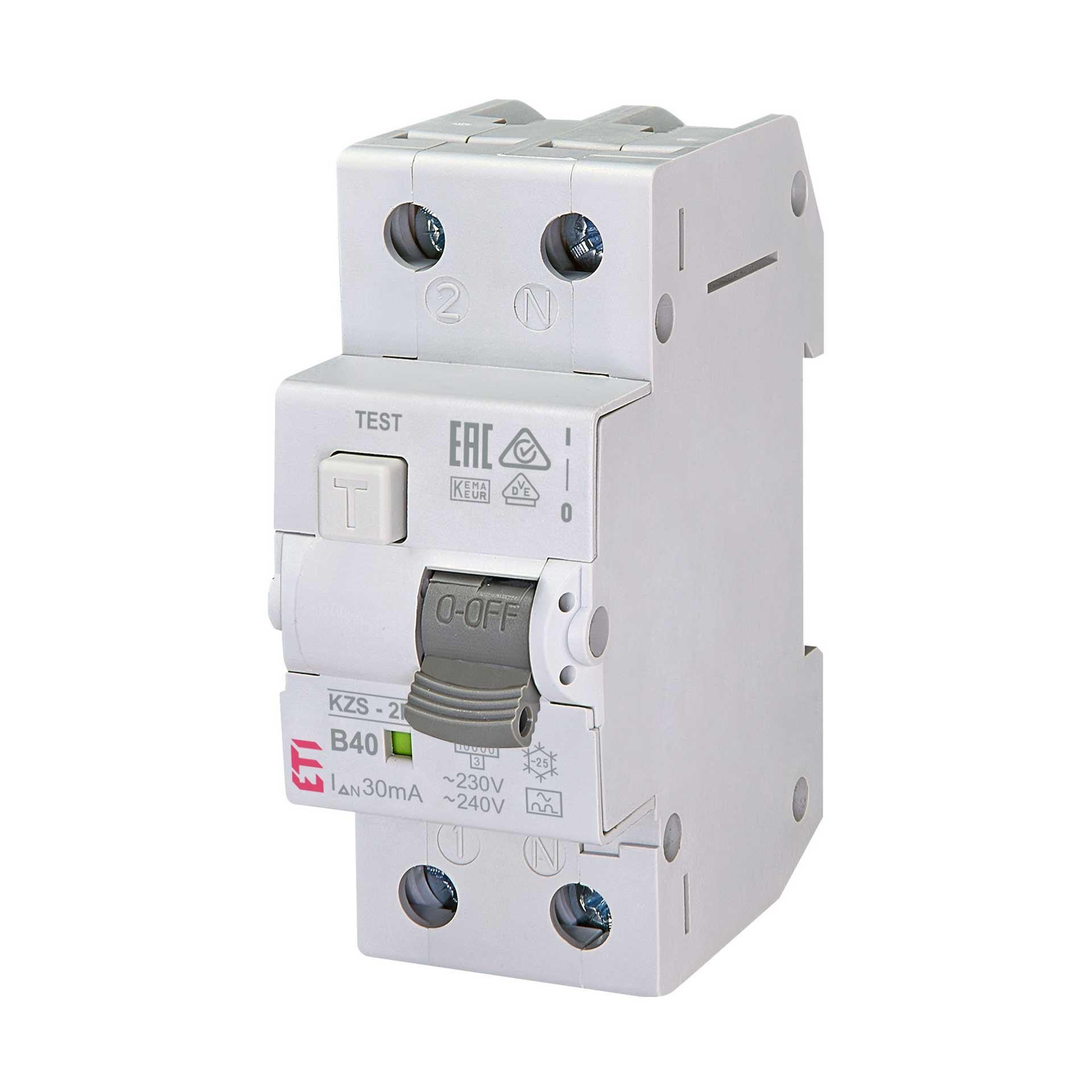 Disjoncteur différentiel (FI-LS),  KZS-2M, type A, 1 pôle+N, caractéristique B / 40A, 10kA (0.03A)