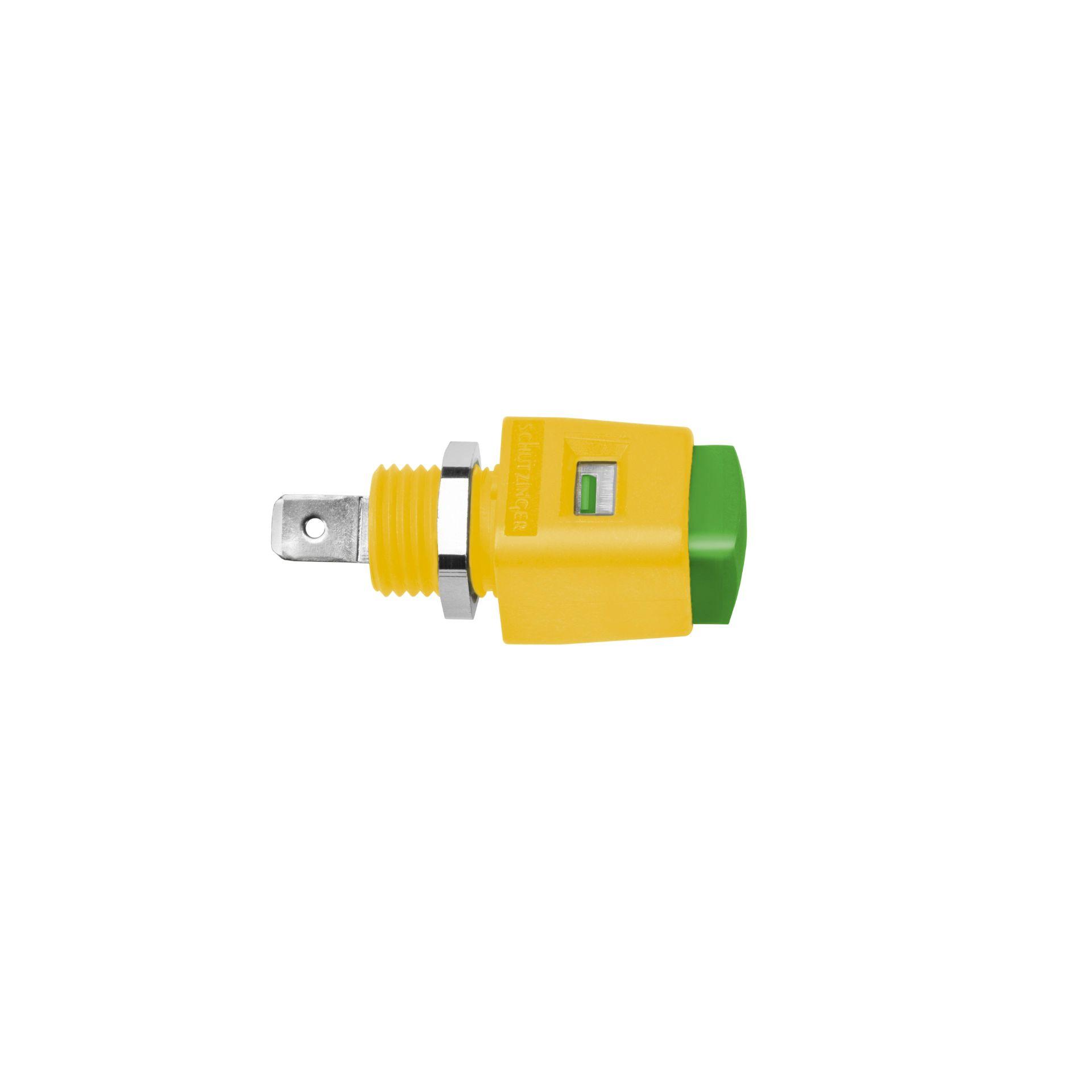 Terminale a pressione ad azione rapida, installazione completamente isolata per pannelli frontali in metallo, verde-giallo Terminale a pressione ad azione rapida, installazione completamente isolata per pannelli frontali in metallo, verde-giallo