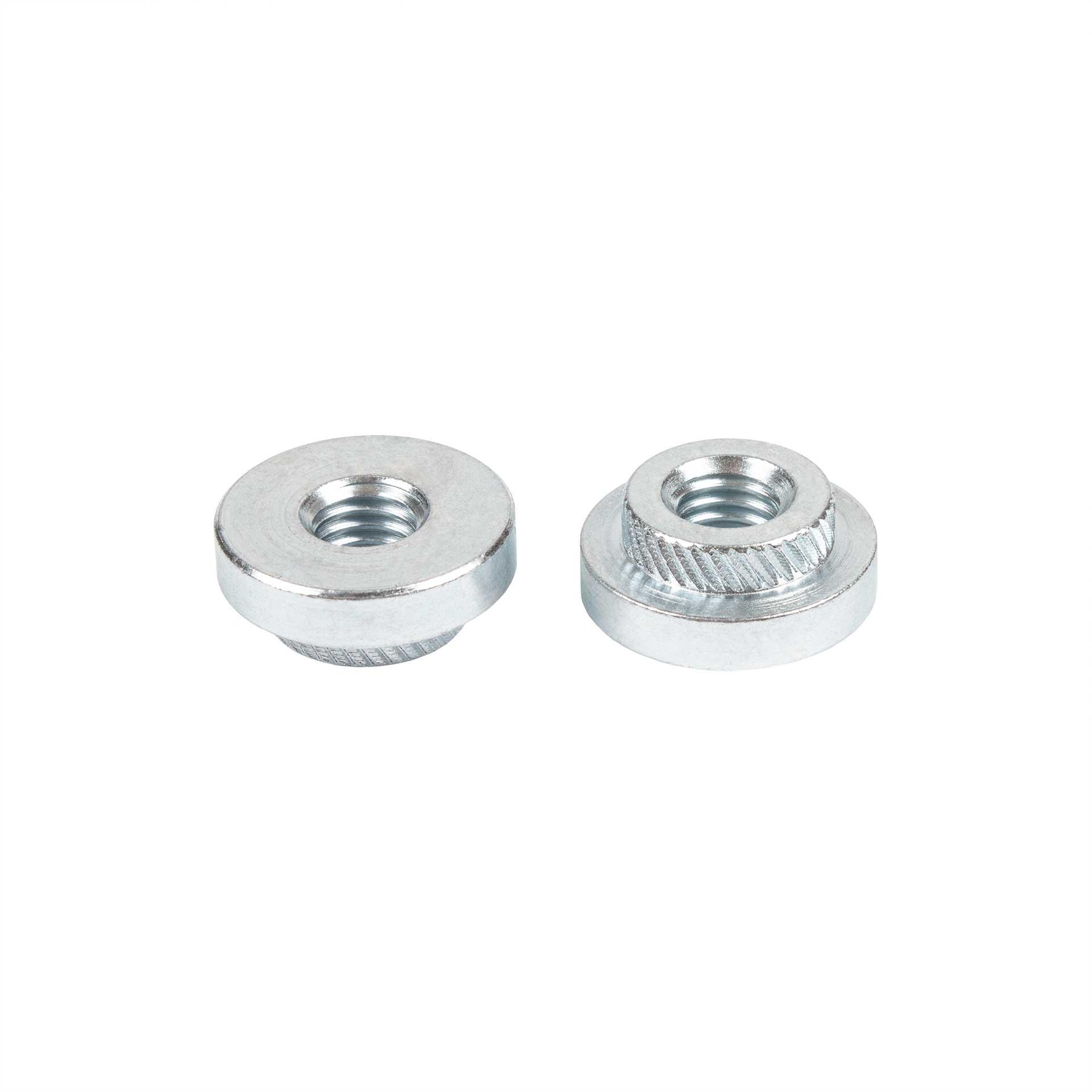 Écrous ronds à sertir M8, alésage Ø 14mm, acier cémenté trempé, zingué-bleu Écrous ronds à sertir M8, alésage Ø 14mm, acier cémenté trempé, zingué-bleu