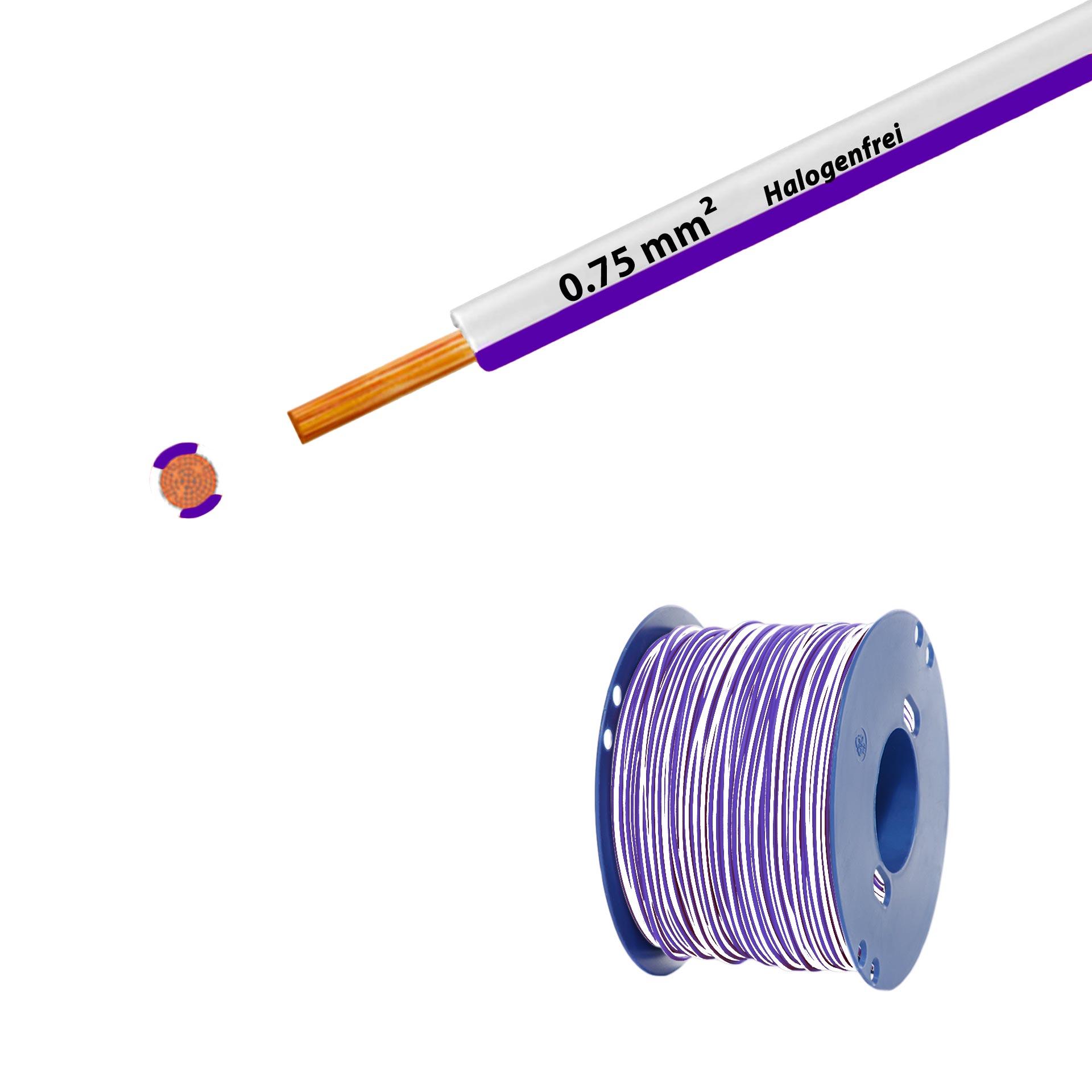 Halogen-free stranded wire 90° C, 500V, 0.75mm2, white-violet (RAL 9010/4005), on plastic reel