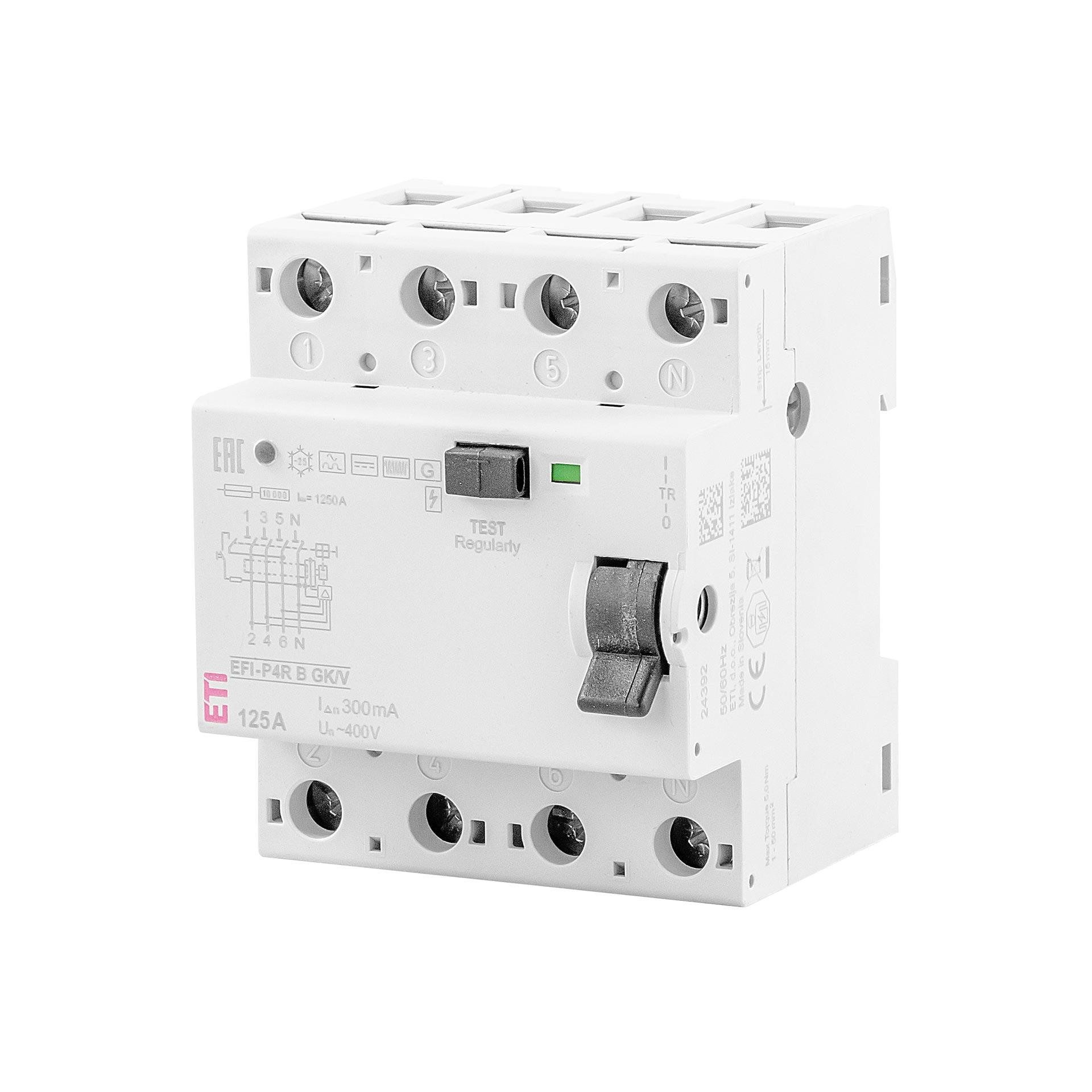 Interrupteur différentiel légèrement temporisé , EFI-P4R, type B, G/KV, 4 pôles, 125A, 10kA (0.3A)