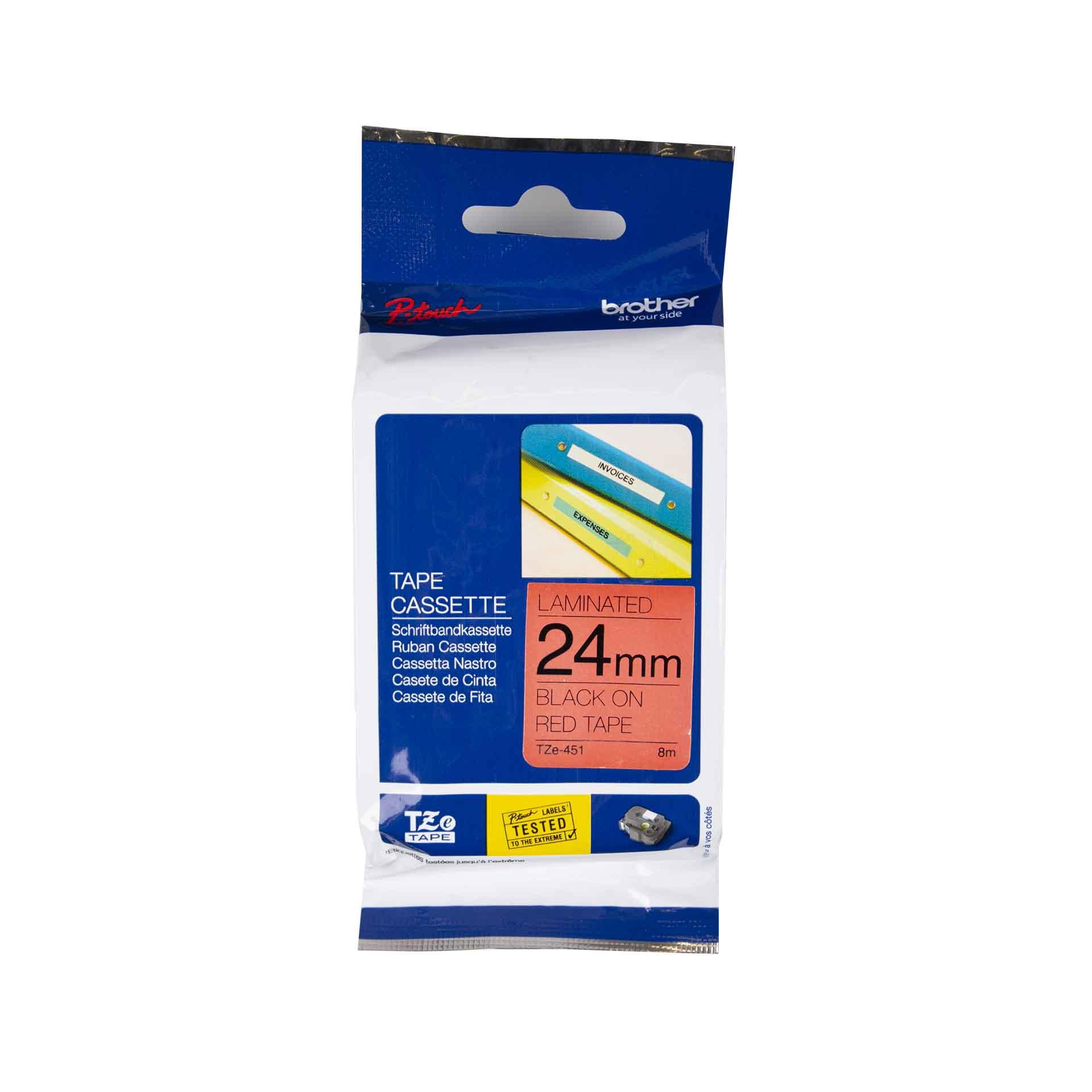 Cassette à ruban pour étiqueteuse Brother, 24mm x 8m, P-Touch TZE-451, rouge / police noir