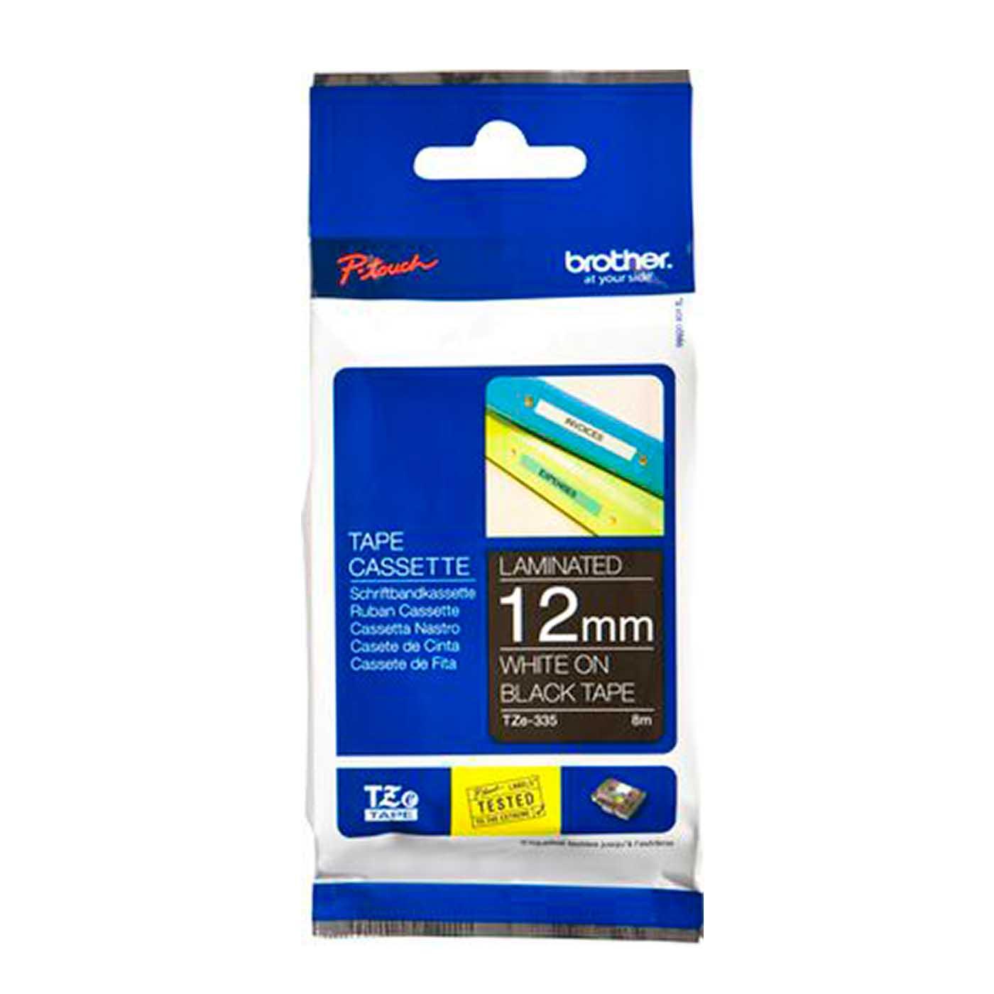 Cassette à ruban pour étiqueteuse Brother, 12mm x 8m, P-Touch TZE-335, noir / police blanc