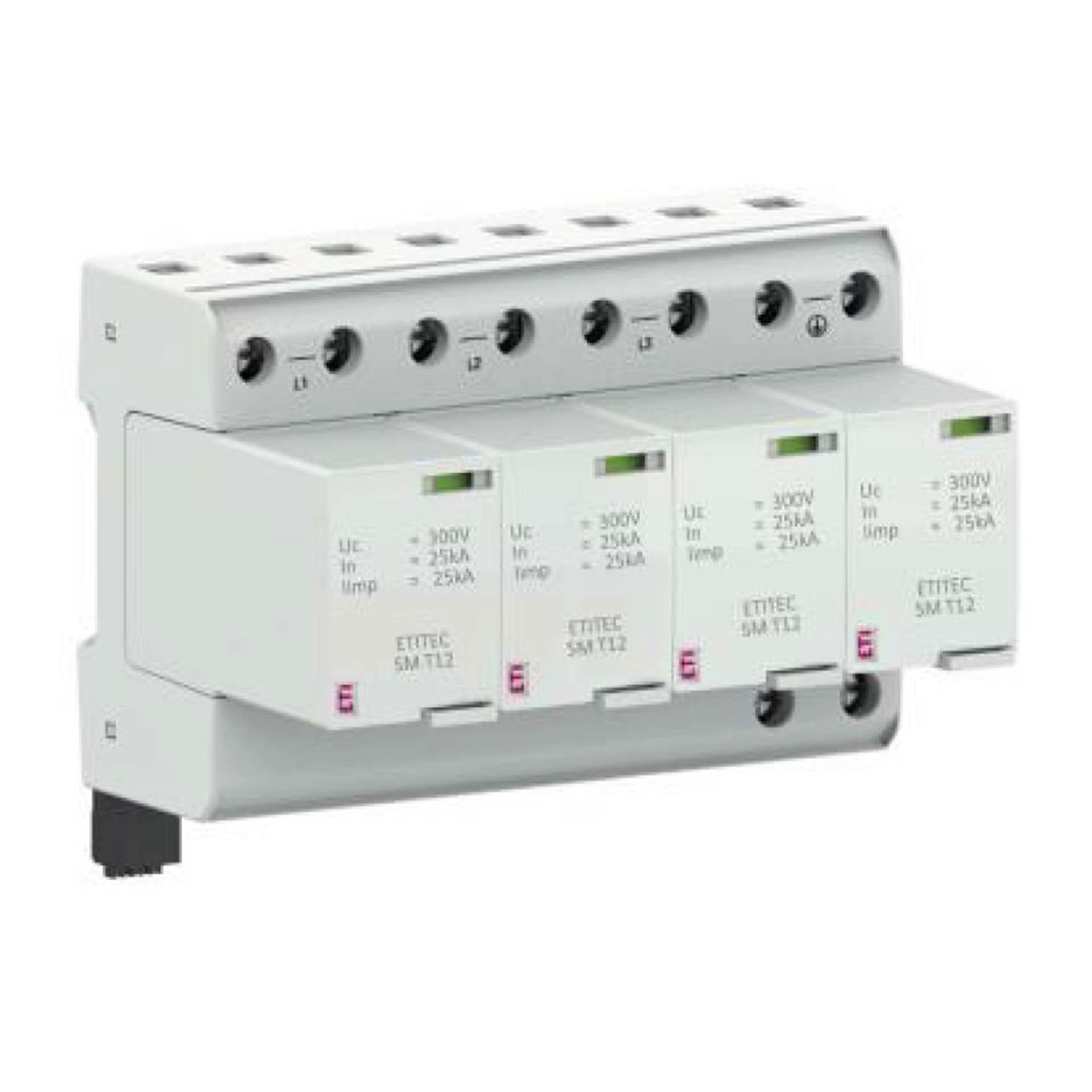 Scaricatore di sovratensione tipo 1+2, ETITEC SM T12 300/25 3+1 RC, senza corrente di dispersione, (TN-S & TT) Scaricatore di sovratensione tipo 1+2, ETITEC SM T12 300/25 3+1 RC, senza corrente di dispersione, (TN-S & TT)