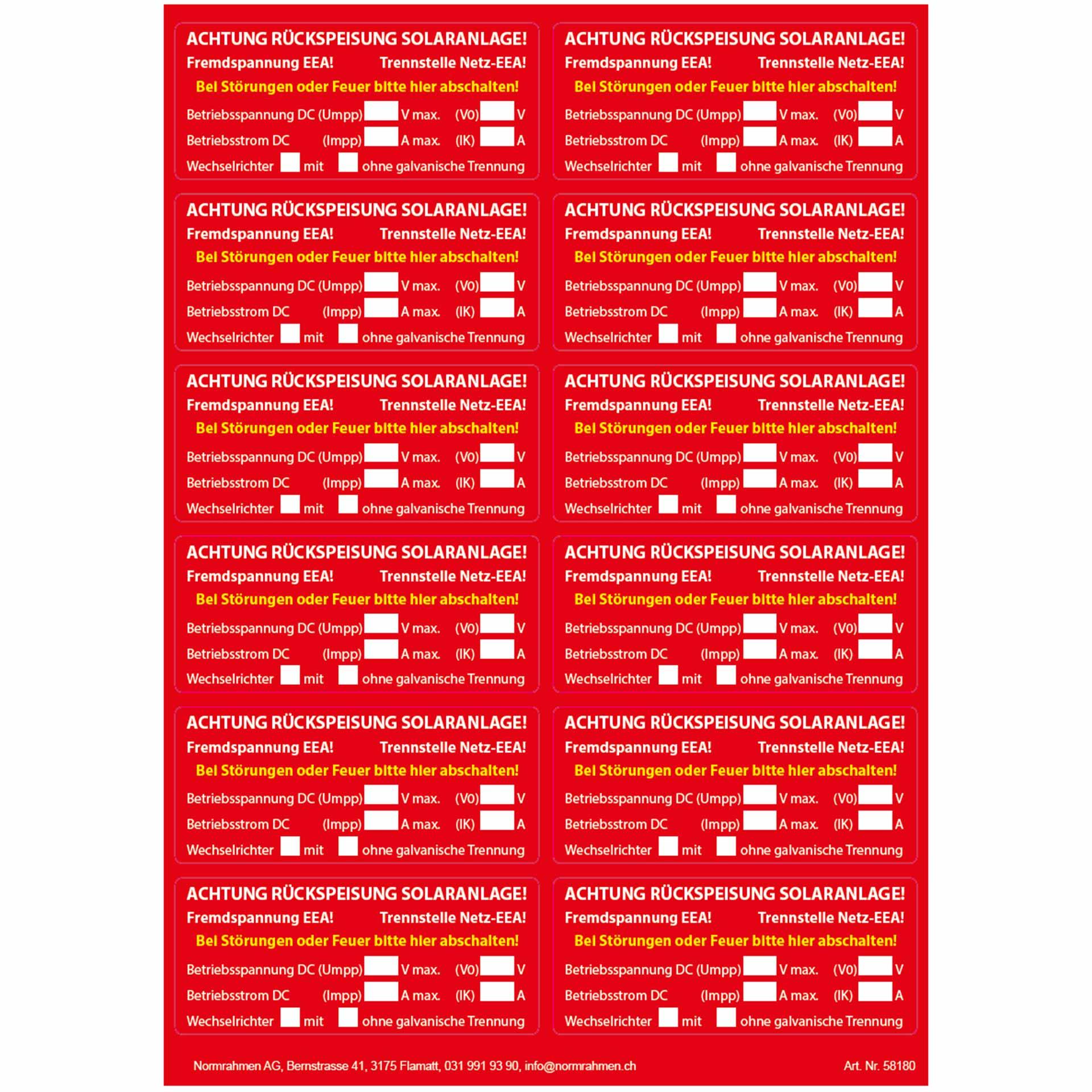 Solar system feedback, adhesive size: 100x43mm, 12 pieces on A4 sheet