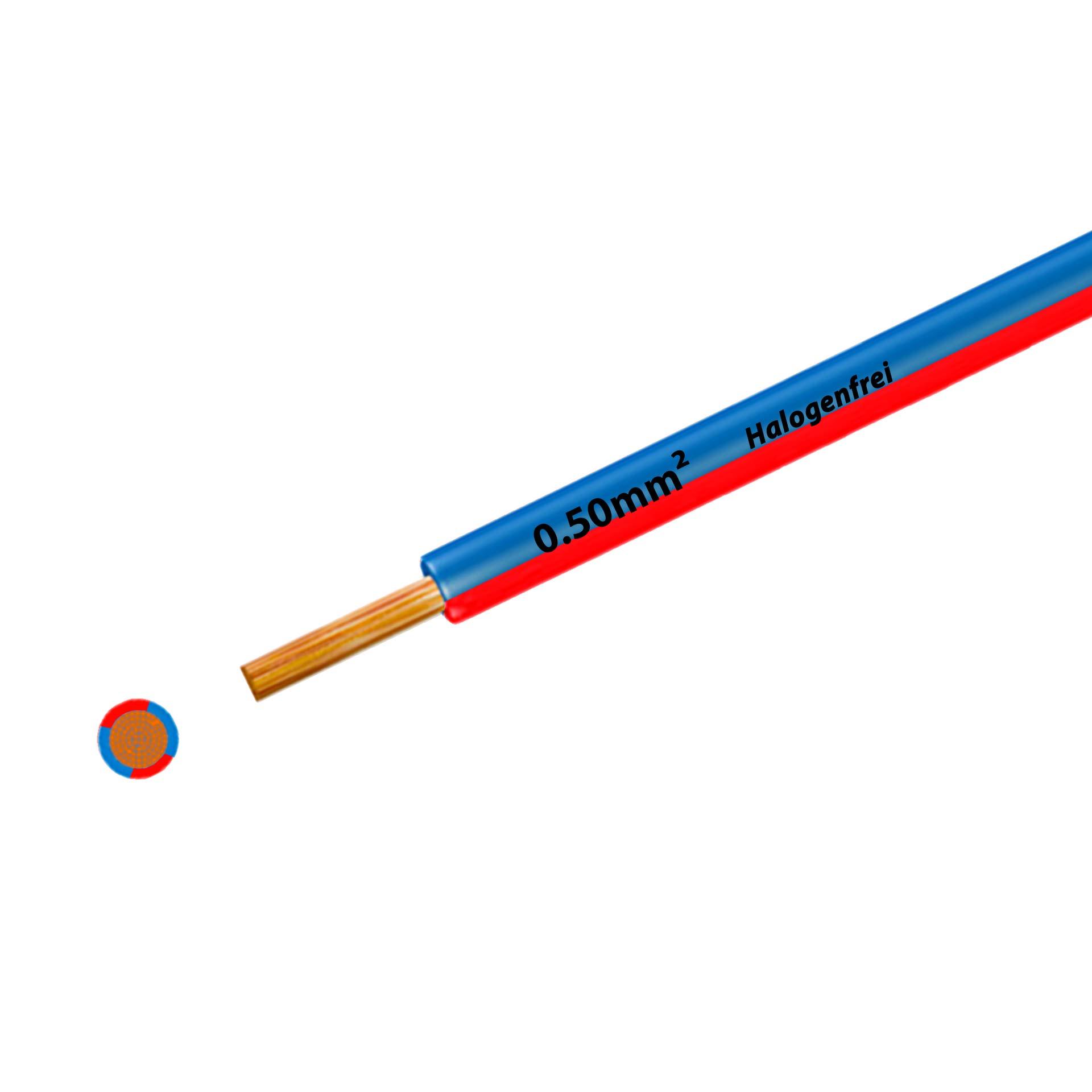 Cavo a trefoli senza alogeni 90° C, 500V, 0,50 mm2, blu-rosso (RAL 5012/3000), su bobina di plastica Cavo a trefoli senza alogeni 90° C, 500V, 0,50 mm2, blu-rosso (RAL 5012/3000), su bobina di plastica