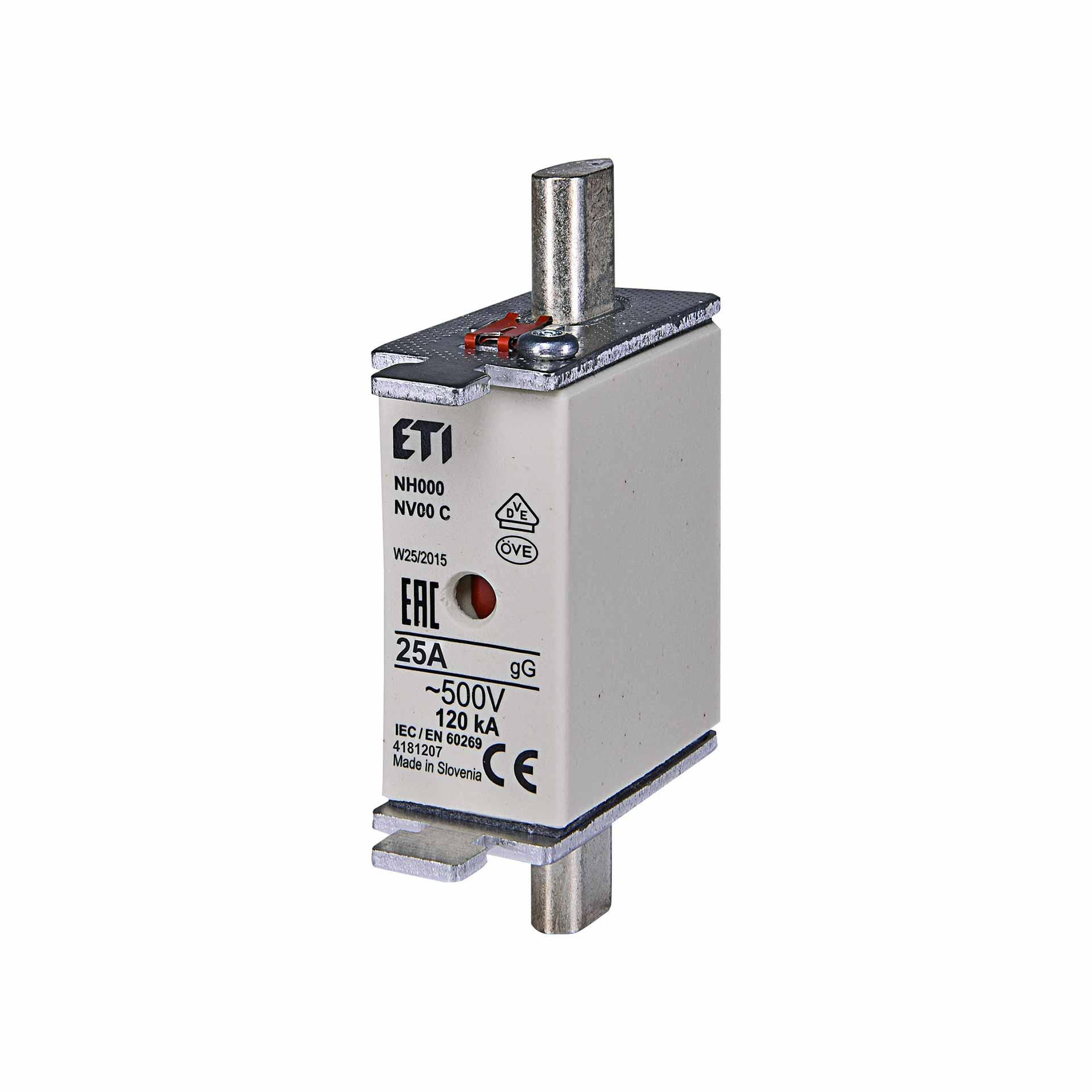 Fusibile NH taglia 000 25A, caratteristica gL-gG 500V