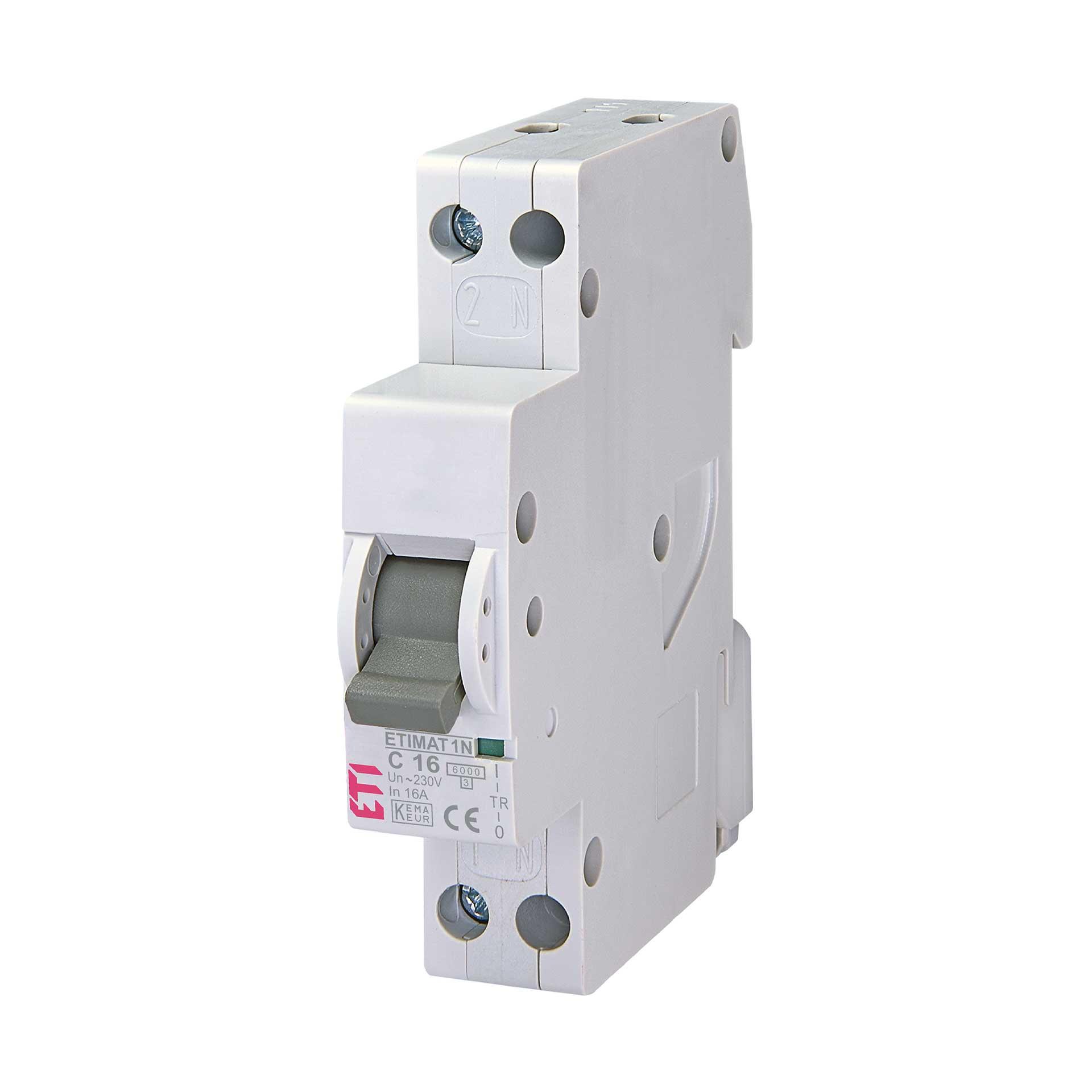Interruttore automatico ETIMAT 1N, 1 polo+N (1 modulo), caratteristica C / 16A, 6kA Interruttore automatico ETIMAT 1N, 1 polo+N (1 modulo), caratteristica C / 16A, 6kA