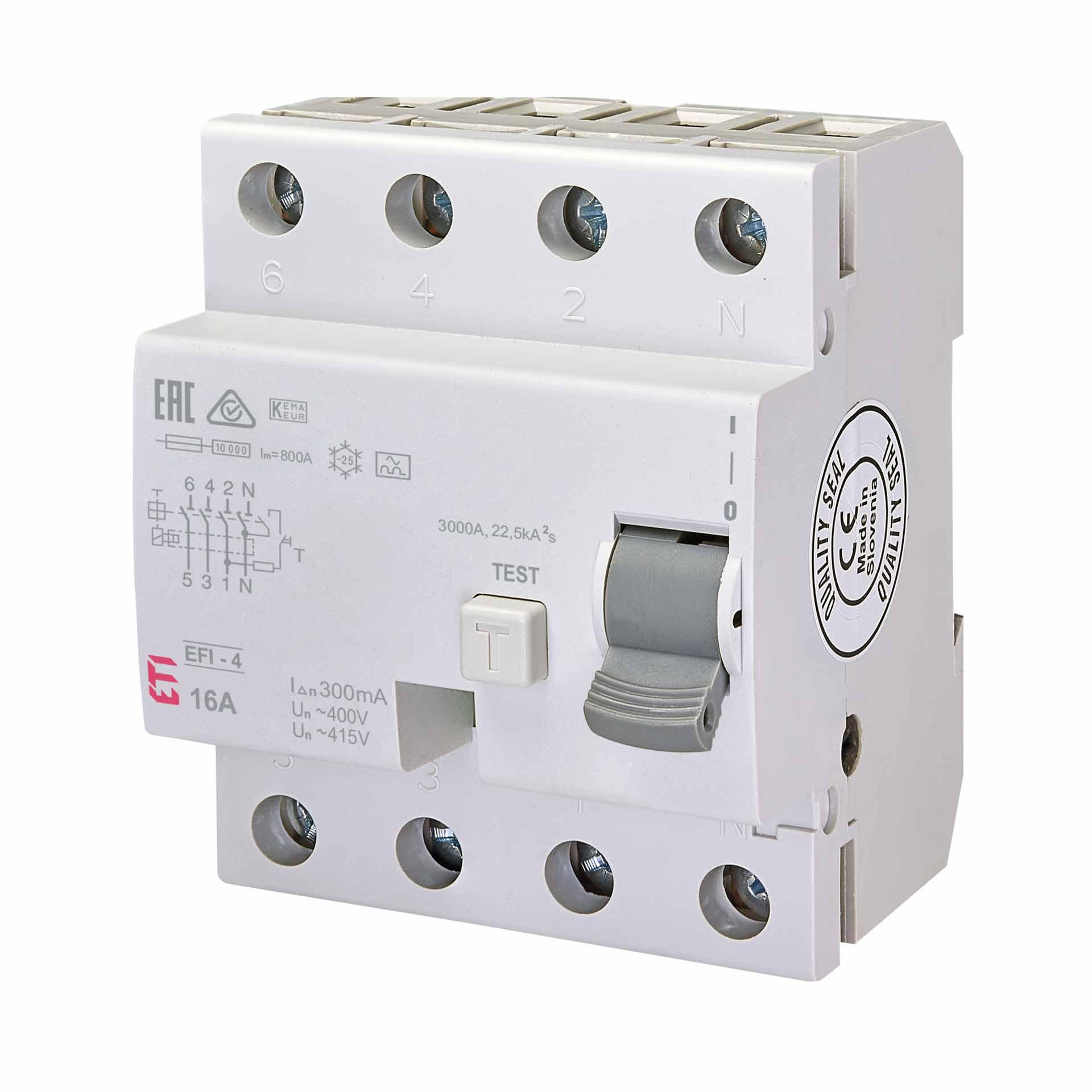 Interrupteur différentiel instantané, EFI-4, type A, 4 pôles, 16A, 10kA (0.3A)