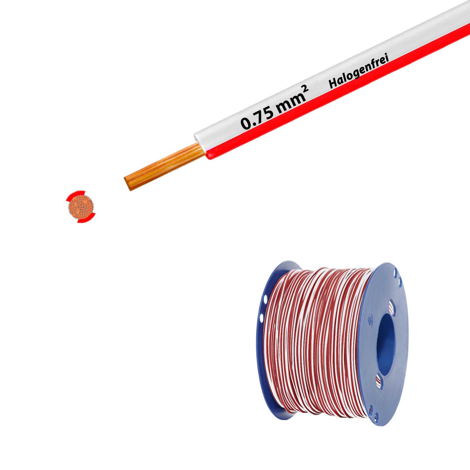 Fil sans halogène 90° C , 500V, 0.75 mm2, blanc-rouge (RAL 9010/3000), sur bobine