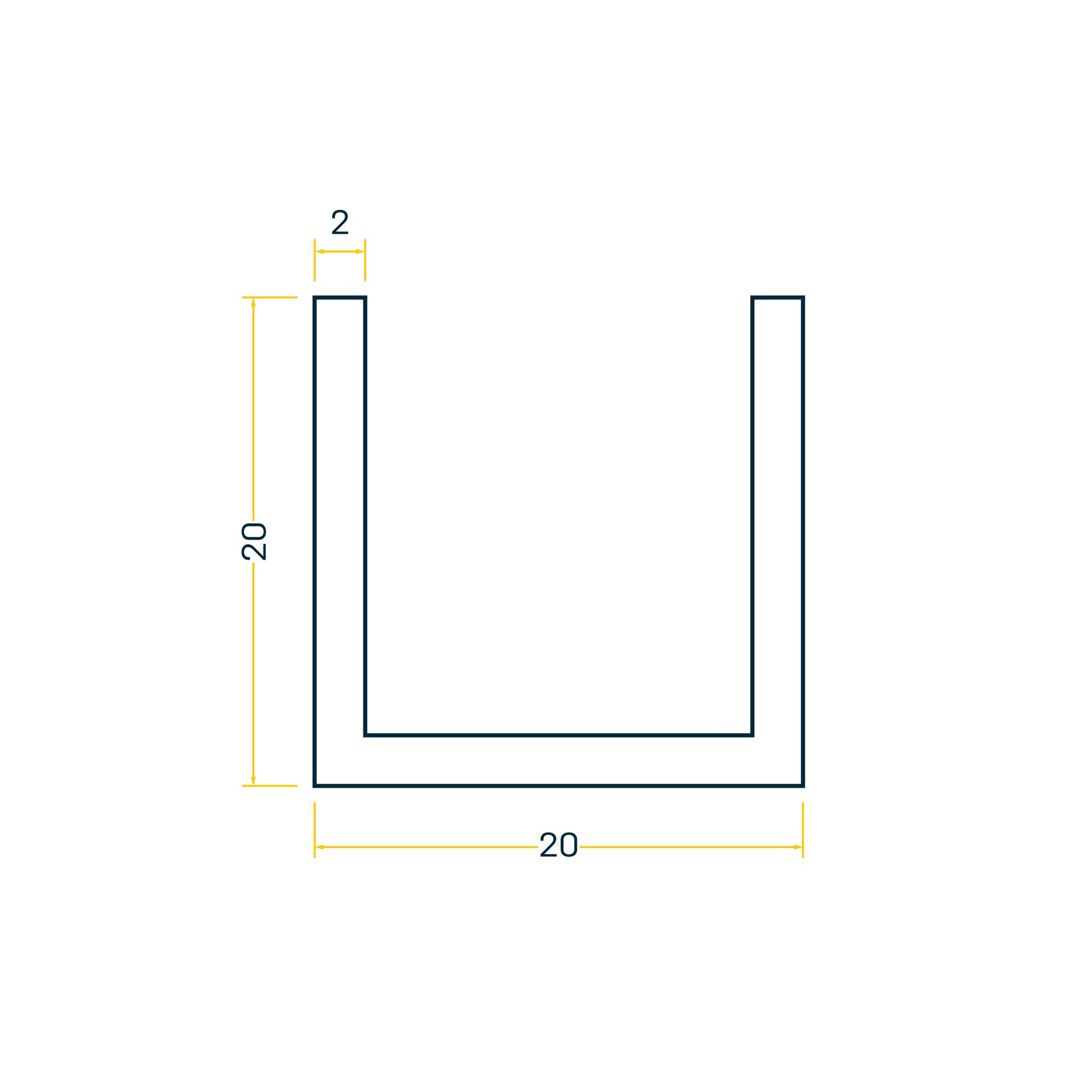 Aluminium U-profile 20x20x2, bar à 6m