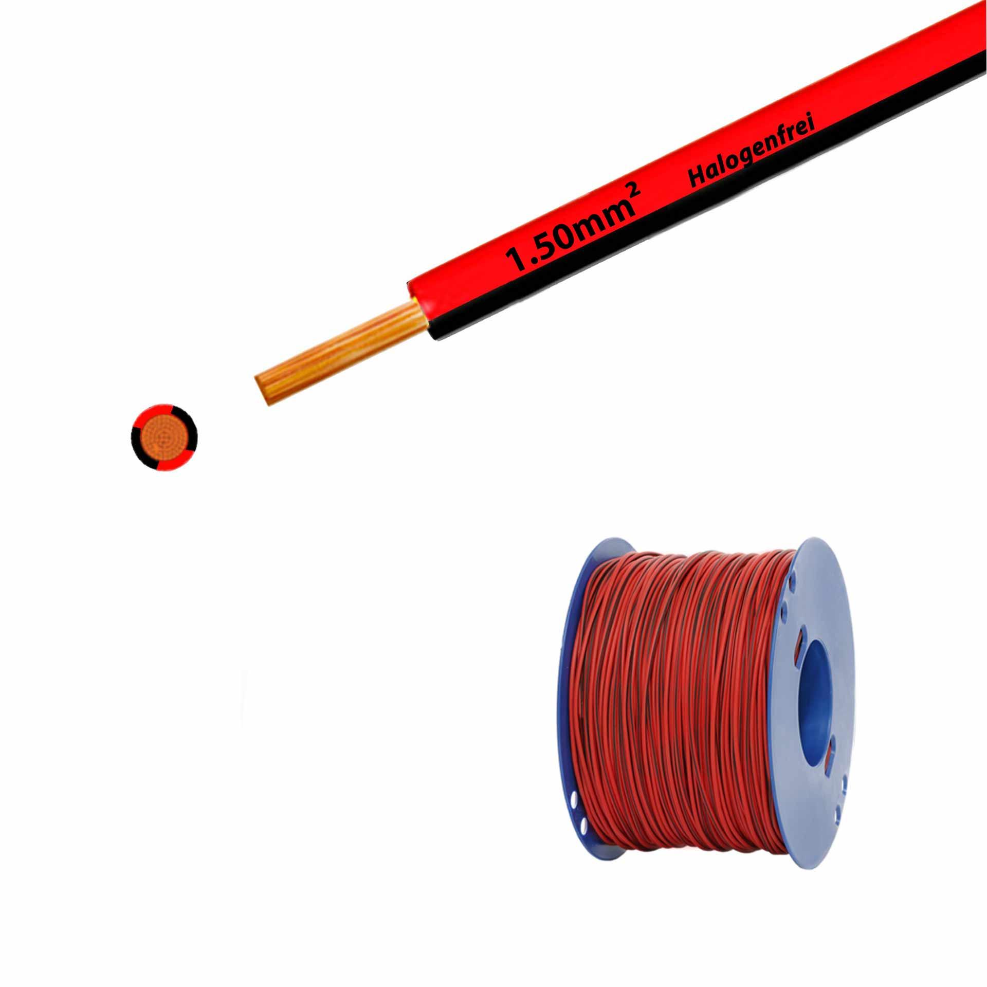 Fil sans halogène 90° C , 750V, 1.50mm2, noir-rouge (RAL 3000/9005), sur bobine