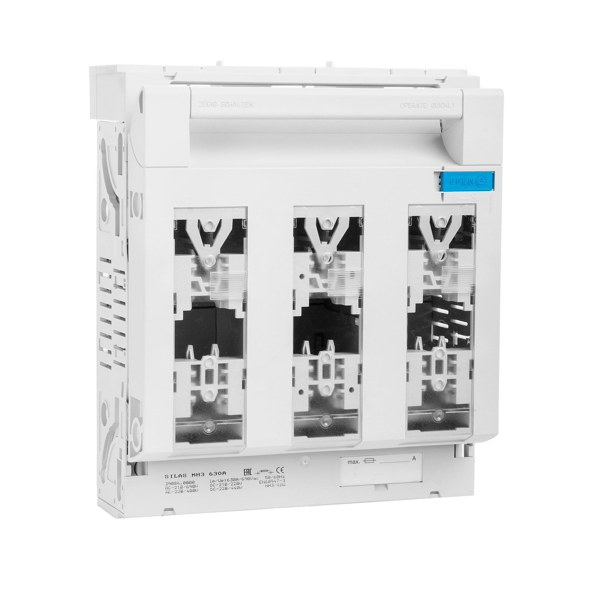 Sezionatore con fusibile Silas NH misura 3, 3P, 60mm, RK 95-300mm², max. 630A, R Sezionatore con fusibile Silas NH misura 3, 3P, 60mm, RK 95-300mm², max. 630A, R