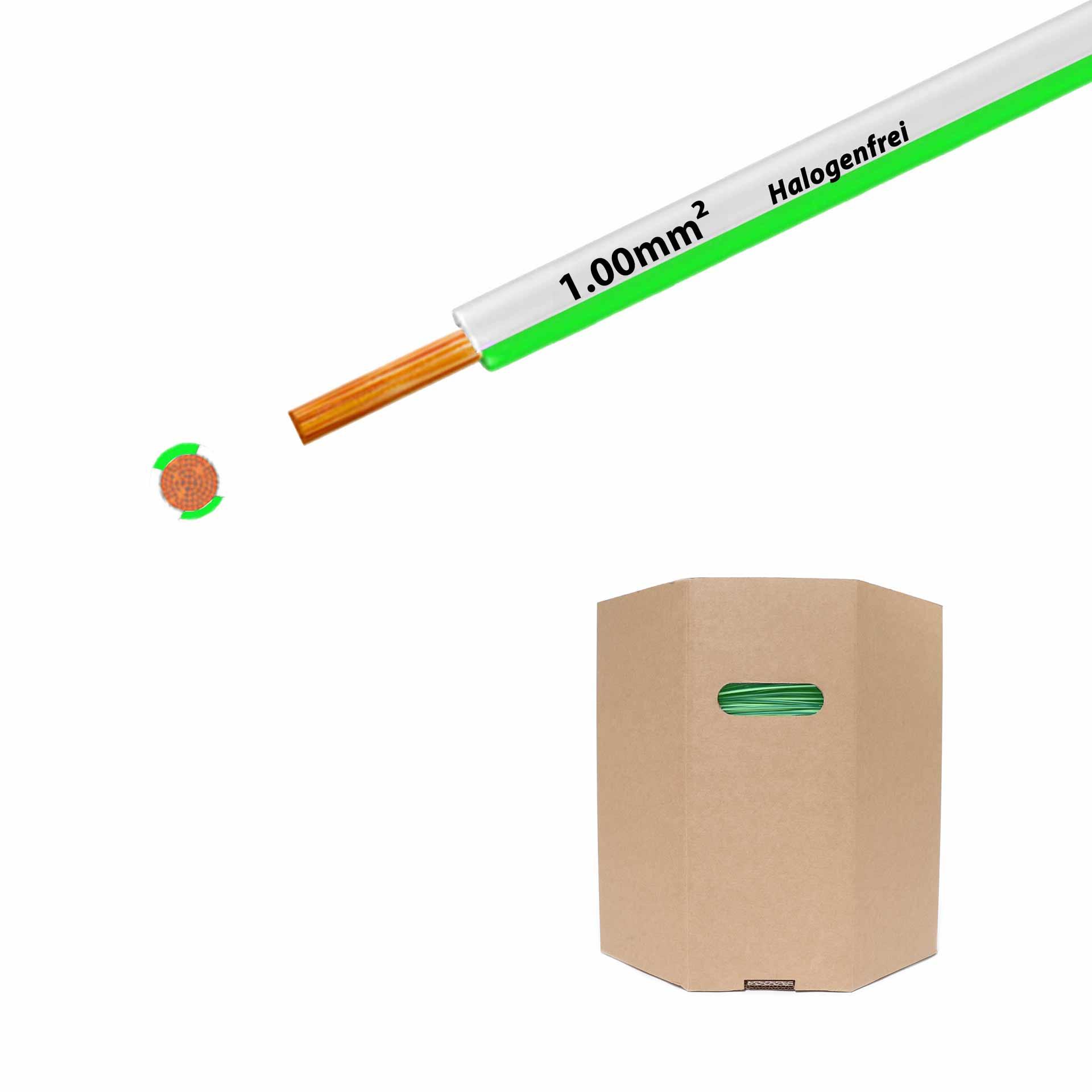 Cavo a trefoli senza alogeni 90° C , 500V, 1,00mm2, bianco-verde (RAL 9010/6018), barilotto D400xH400