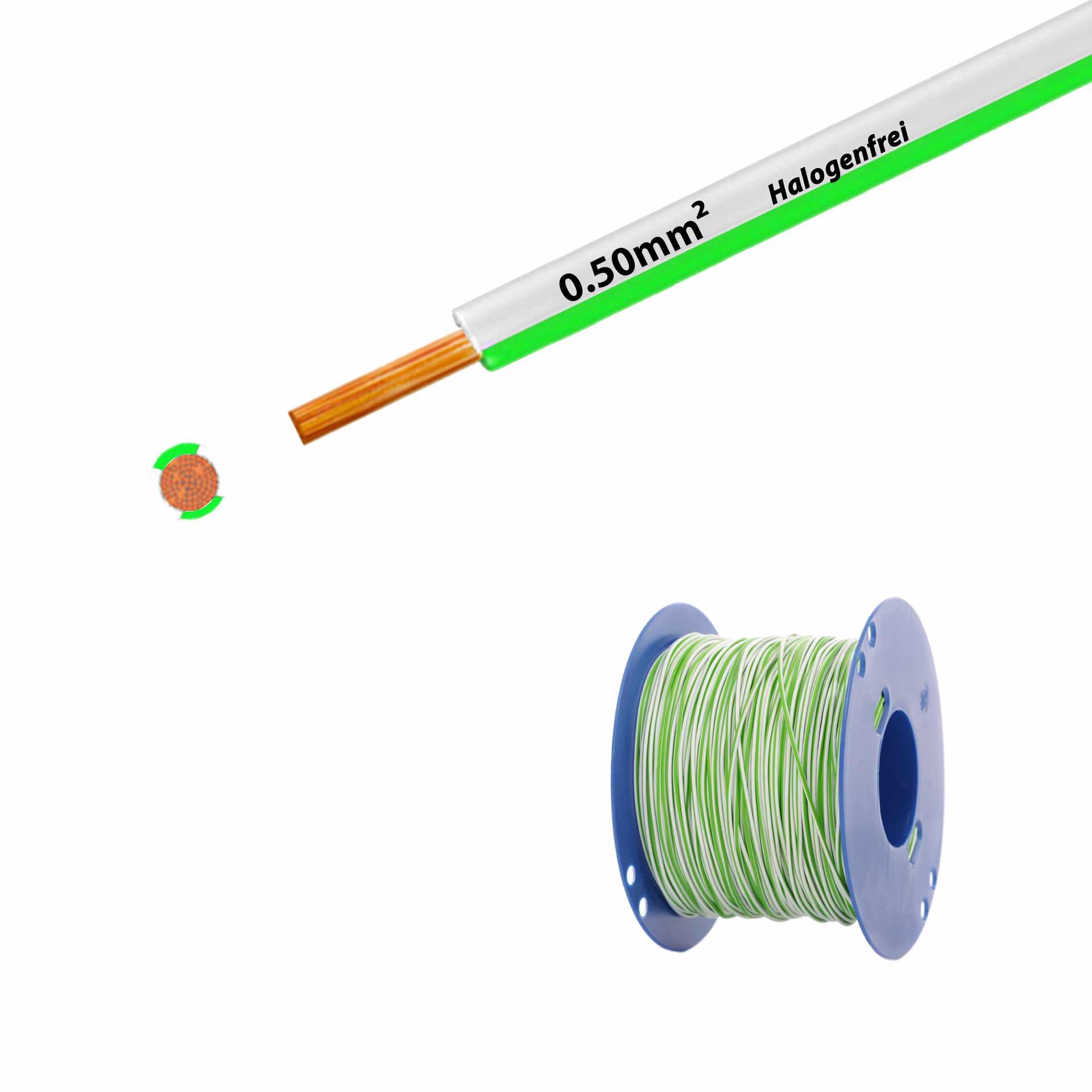 Cavo a trefoli senza alogeni 90° C, 500 V, 0,50 mm2, bianco-verde (RAL 9010/6018), su bobina di plastica