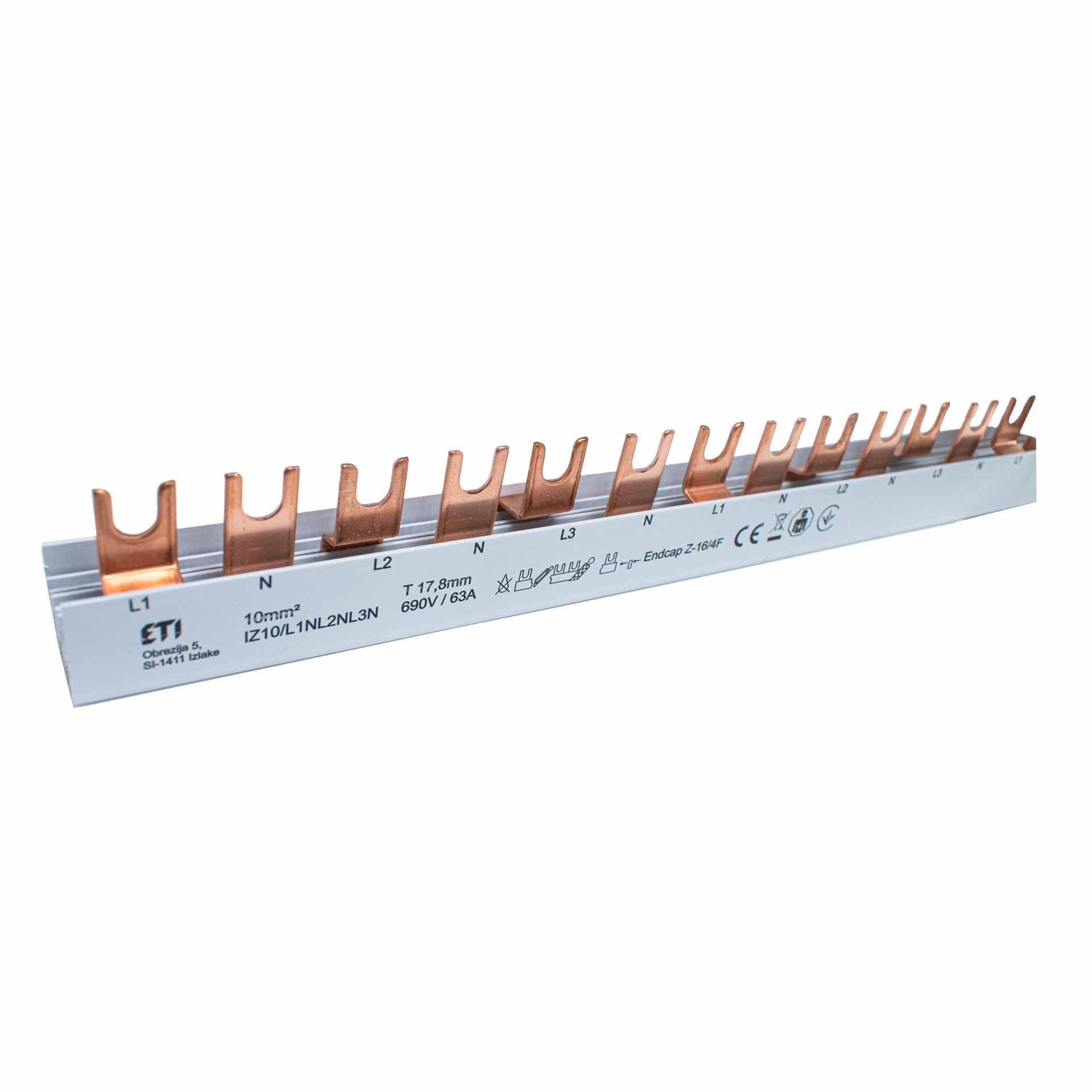 Sbarre di fase isolate, tagliabili, 2P {L1, N ¦ L2, N ¦ L3, N}, 54 mod. 972mm, 10mm2, 63A Sbarre di fase isolate, tagliabili, 2P {L1, N ¦ L2, N ¦ L3, N}, 54 mod. 972mm, 10mm2, 63A