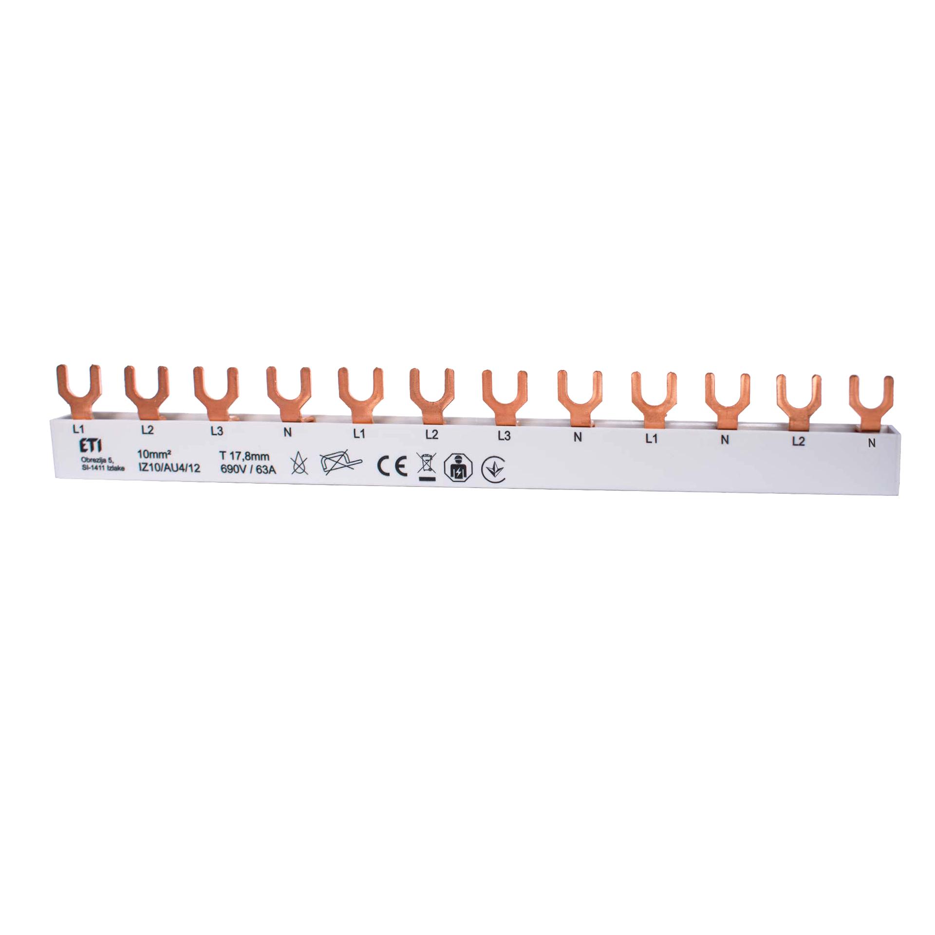Sbarra di fase a forcella isolata 10mm2, 63A (2x3PN-4MOD, 2x1PN-2MOD) Sbarra di fase a forcella isolata 10mm2, 63A (2x3PN-4MOD, 2x1PN-2MOD)