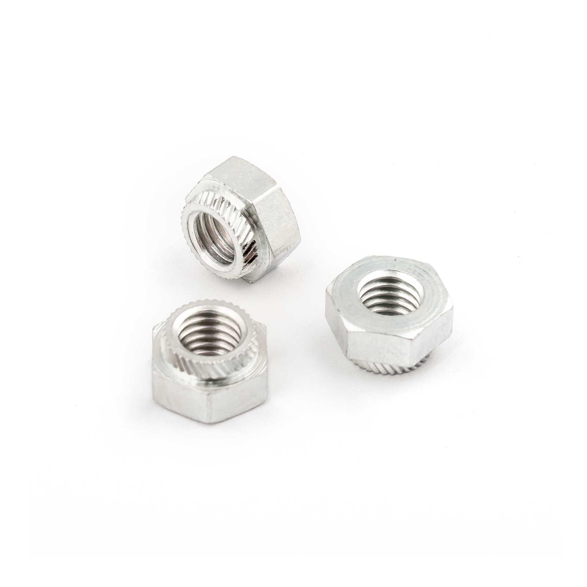 Écrous hexagonaux à sertir M5, alésage Ø 6.5mm, acier cémenté trempé, zingué-bleu Écrous hexagonaux à sertir M5, alésage Ø 6.5mm, acier cémenté trempé, zingué-bleu
