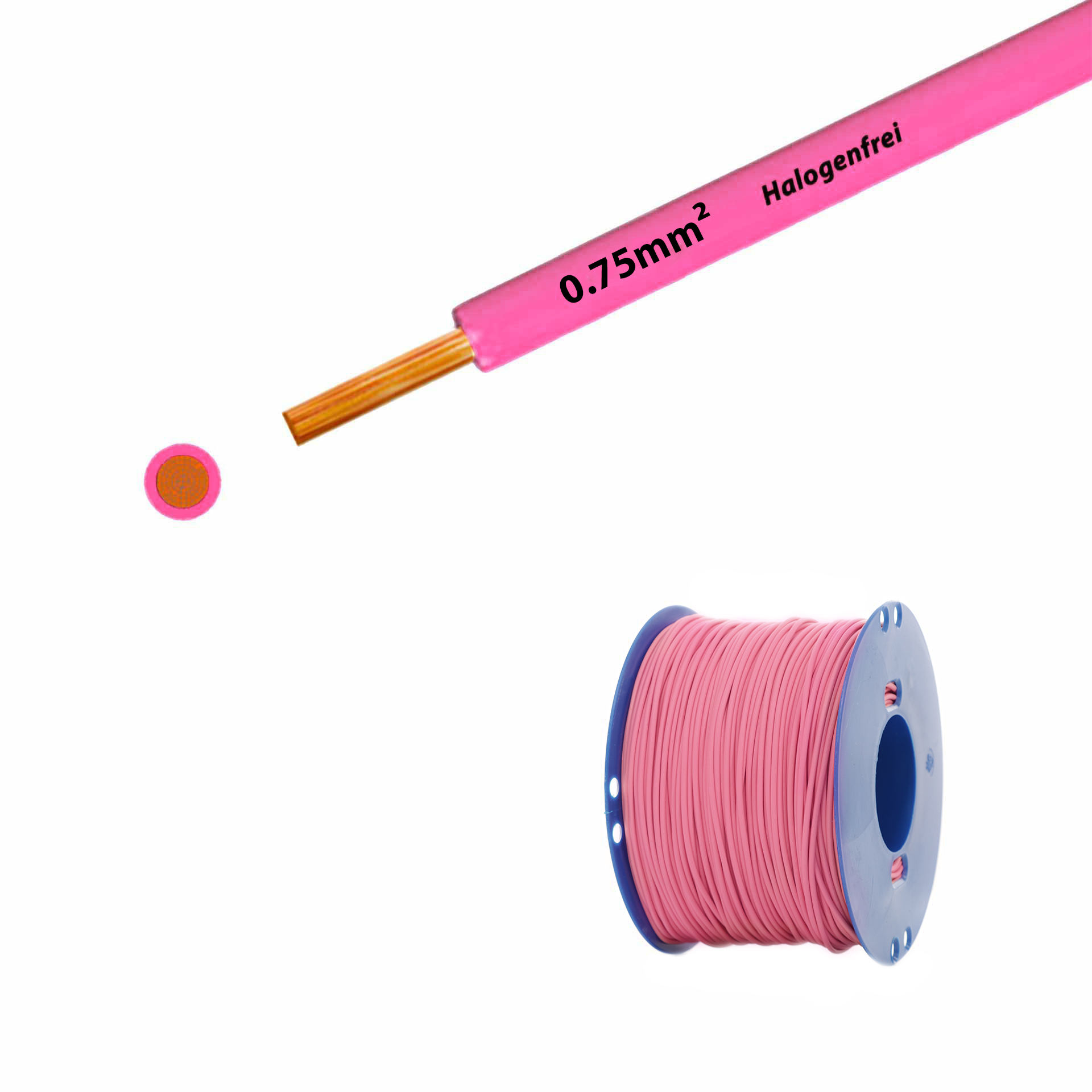 Cavo a trefoli senza alogeni 90° C, 500 V, 0,75 mm2, rosa/rosa (RAL 3015), su bobina di plastica