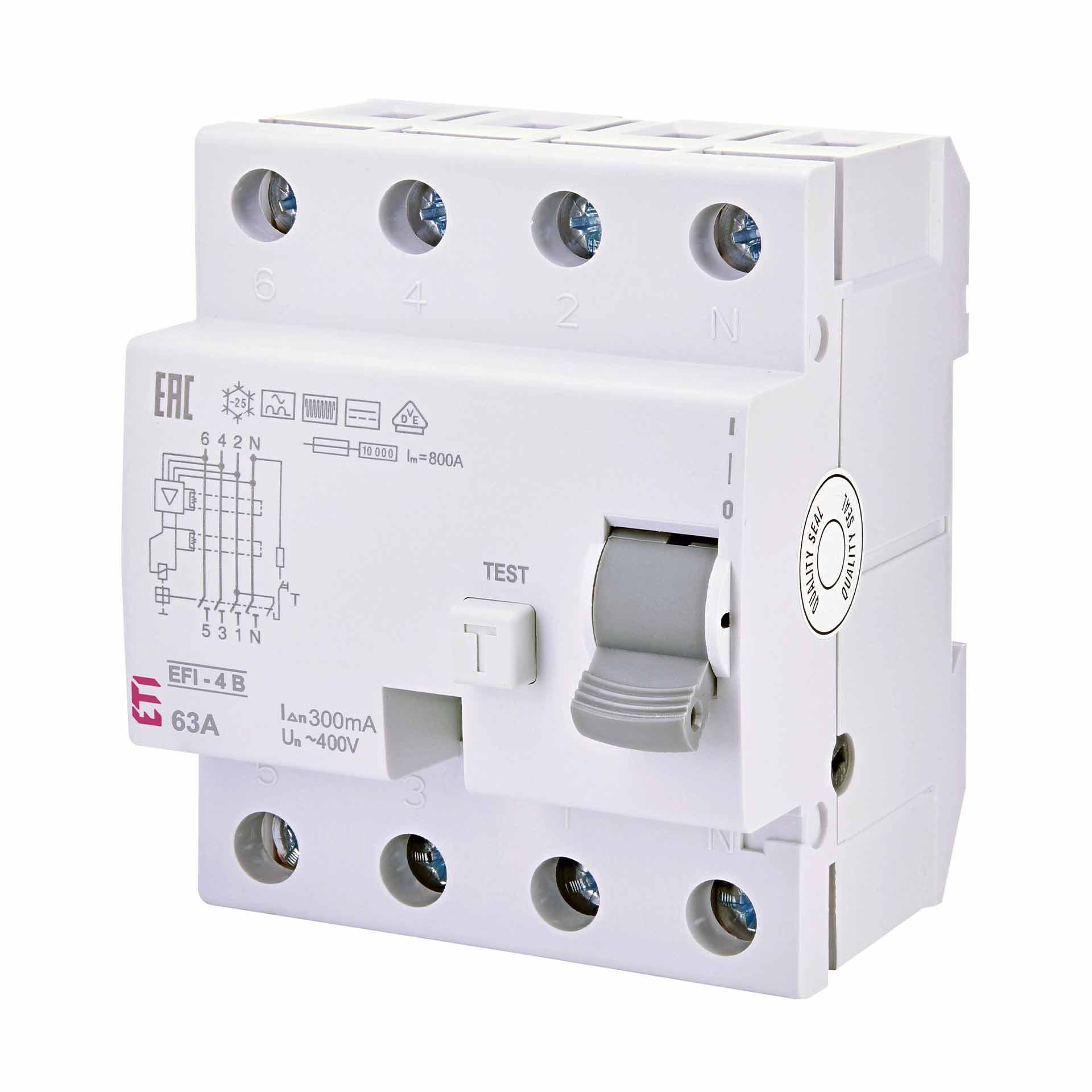 Fehlerstromschutzschalter unverzögert, EFI-4, Typ-B, 4-polig, 63A, 10kA (0.3A)