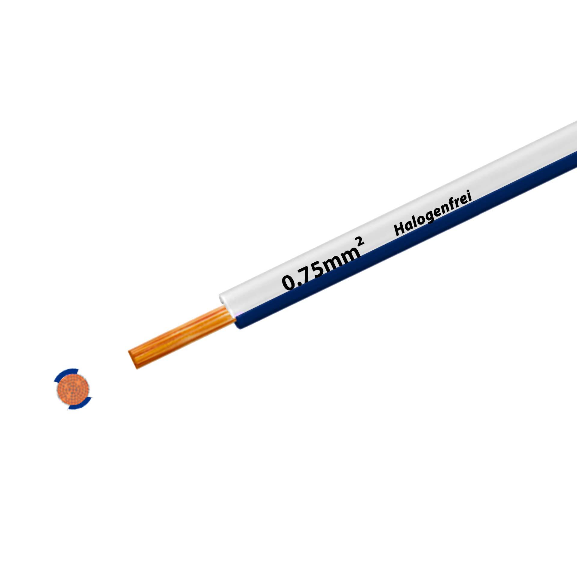Cavo a trefoli senza alogeni 90° C, 500V, 0,75 mm2, bianco-blu scuro (RAL 9010/5010), su bobina di plastica Cavo a trefoli senza alogeni 90° C, 500V, 0,75 mm2, bianco-blu scuro (RAL 9010/5010), su bobina di plastica