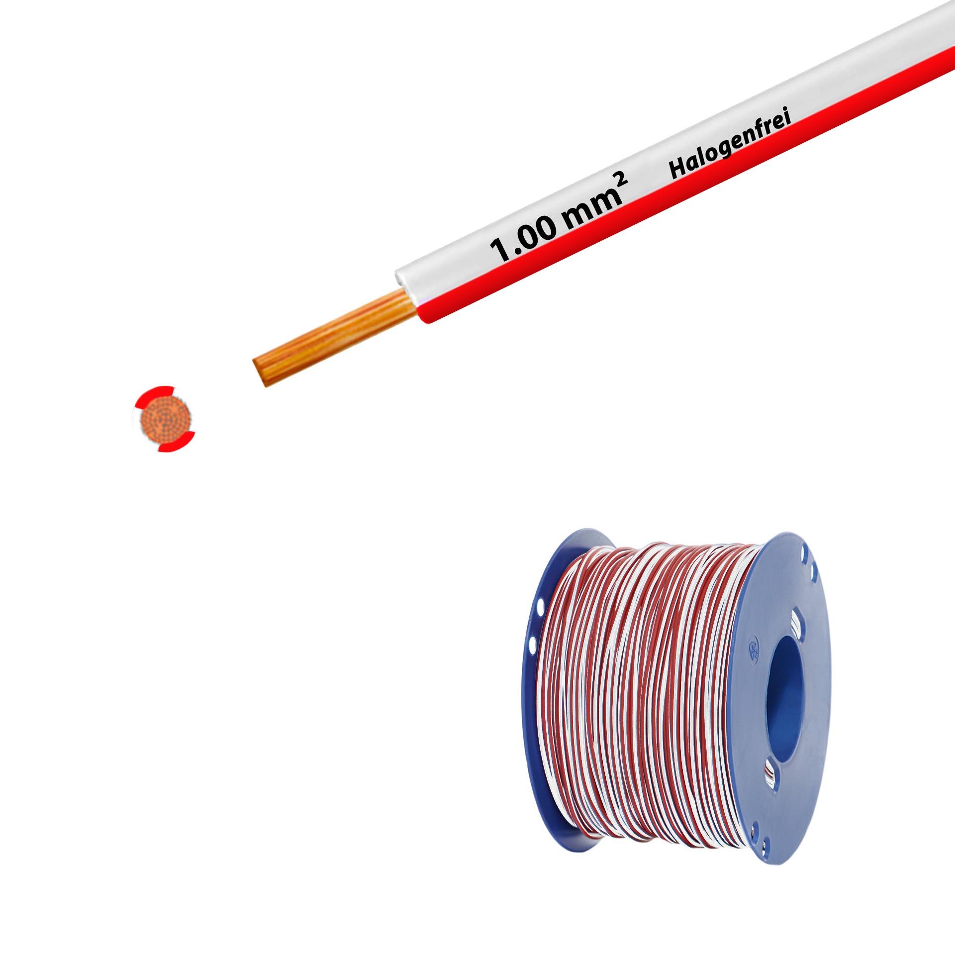 Fil sans halogène 90° C , 500V, 1.00mm2, blanc-rouge (RAL 9010/3000), sur bobine