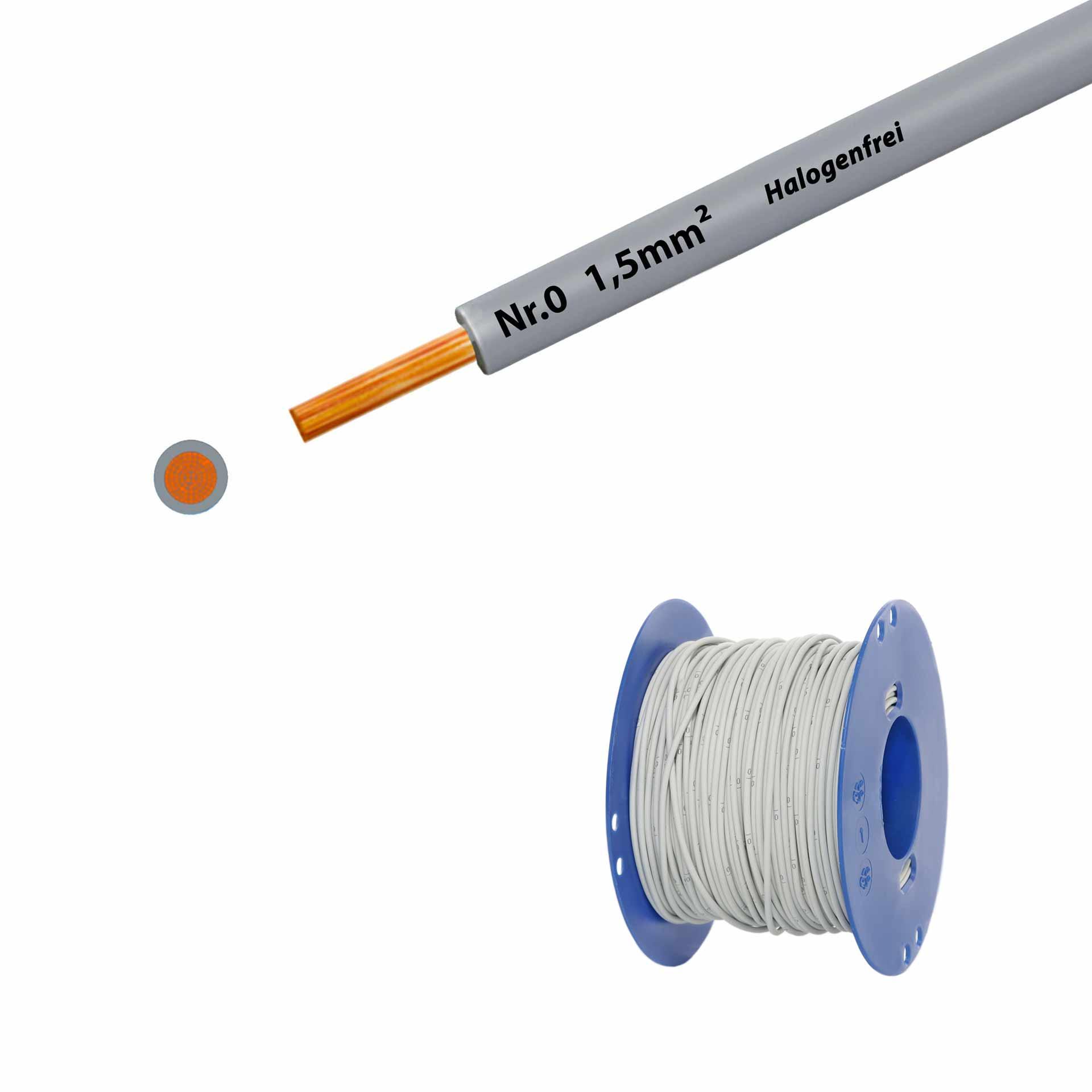 Litze halogenfrei 90° C , 750V, 1.50mm2, grau Nr. 0 (RAL 7035), auf Kunststoffrolle
