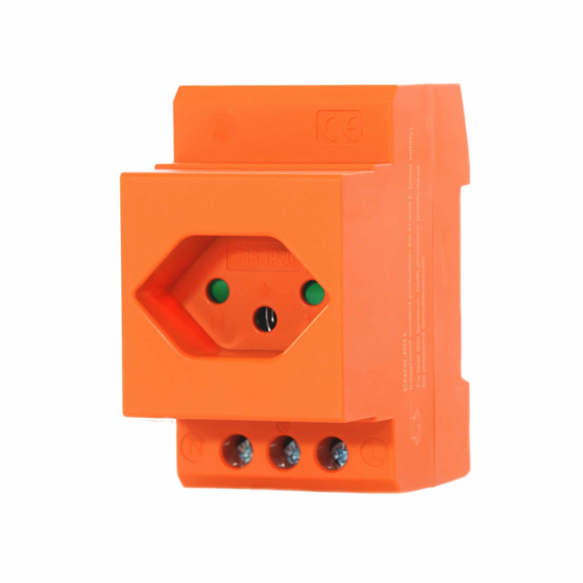 Built-in socket outlet T13 10A for Din rail, only 2.5 module wide (44mm), orange RAL 2003