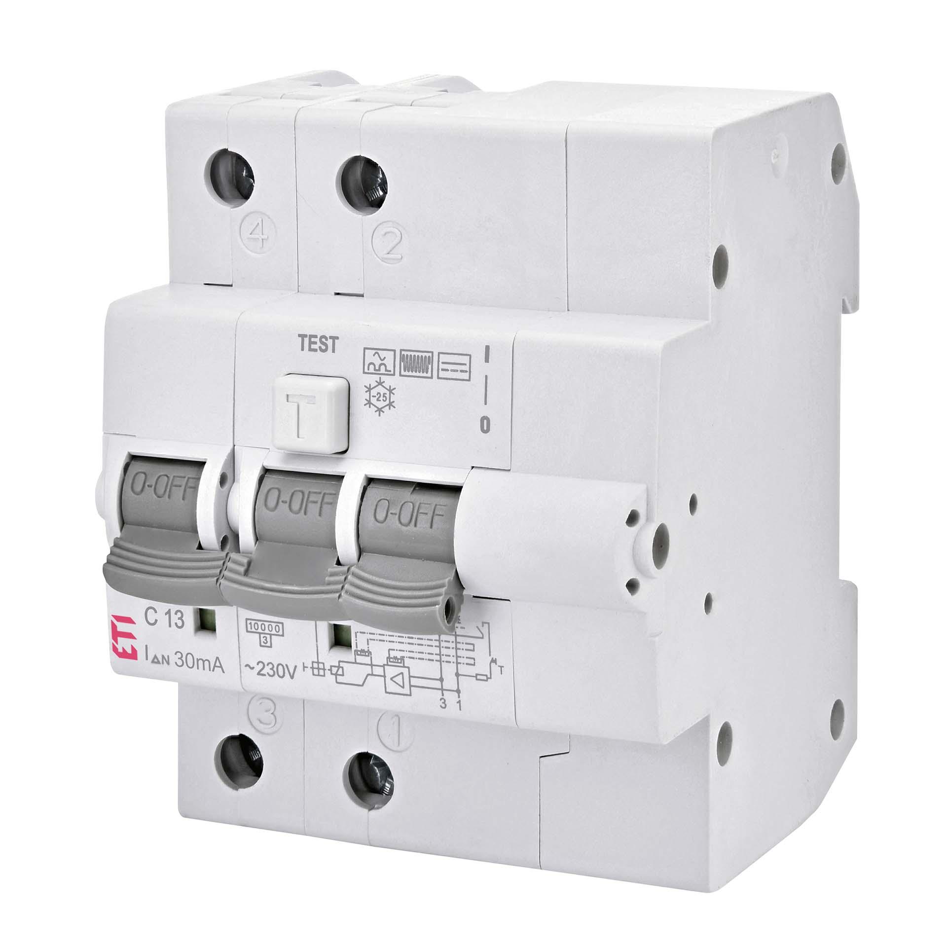 Disjoncteur différentiel (FI-LS),  KZS-4M, type B, 2 pôles, caractéristique C / 13A, 10kA (0.03A)