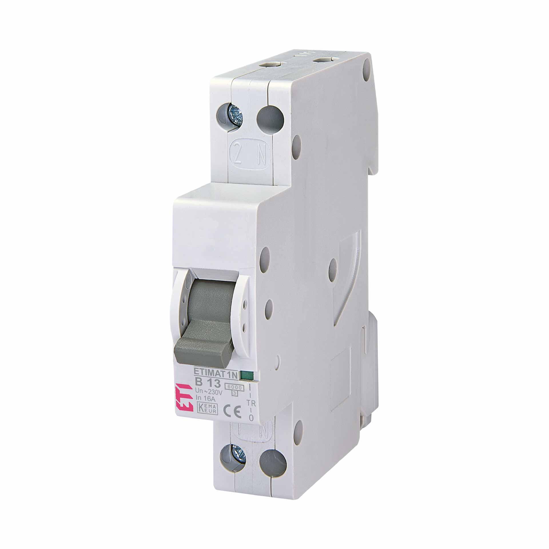 Interruttore automatico ETIMAT 1N, 1 polo+N (1 modulo), caratteristica B / 13A, 6kA Interruttore automatico ETIMAT 1N, 1 polo+N (1 modulo), caratteristica B / 13A, 6kA