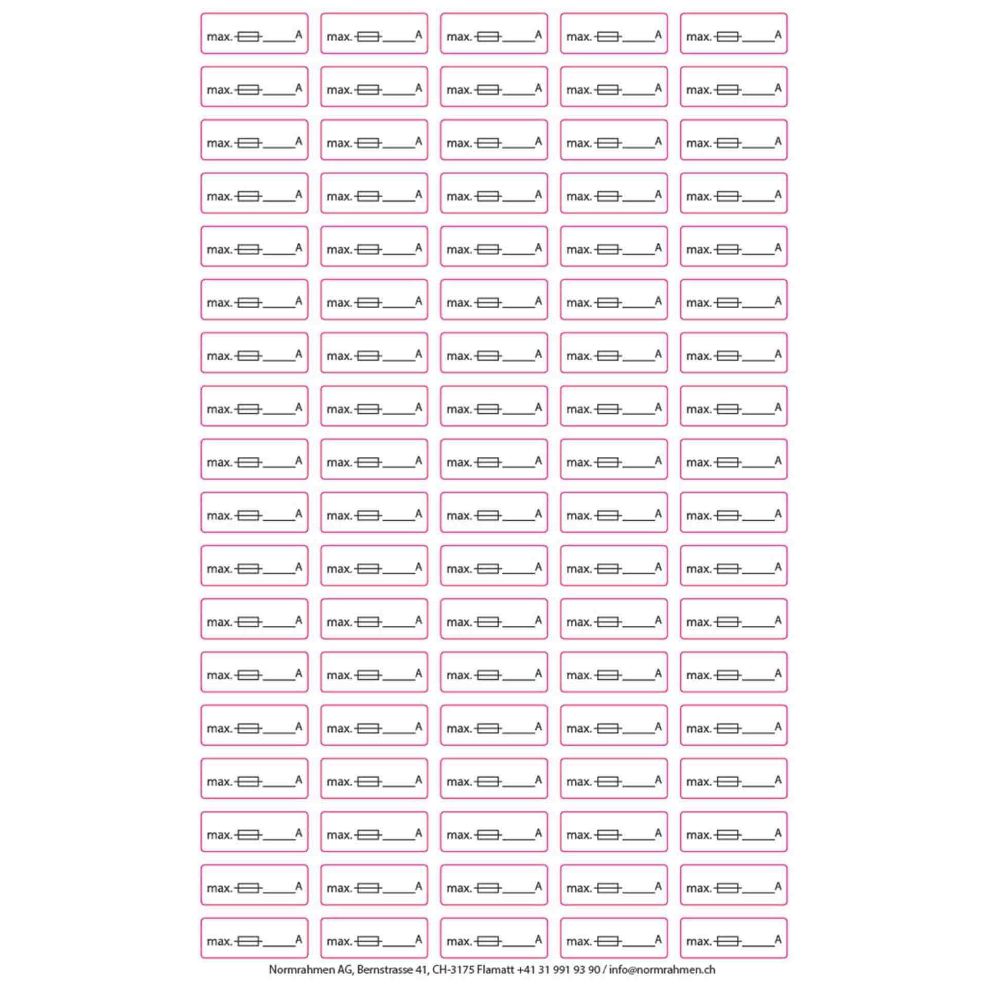 Autocollant 'Courant nominal maximal' 32x12 mm, conditionnement de 90 pièces sur feuille A4