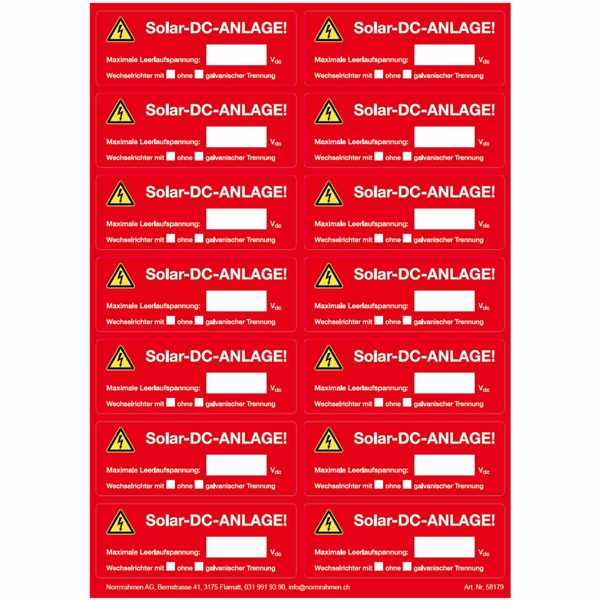 Solar DC system, adhesive size: 100x37mm, 14 pieces on A4 sheet