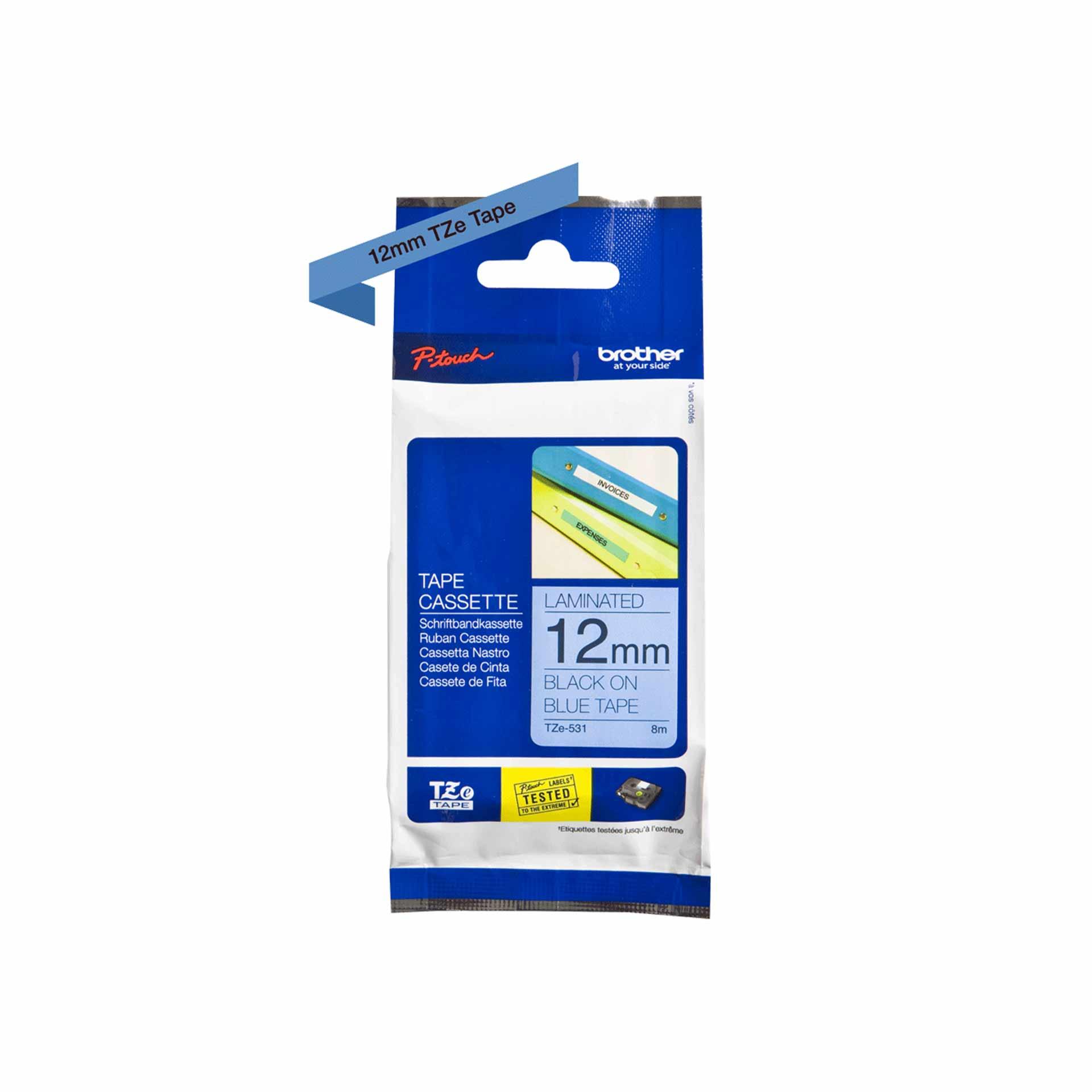 Cassette à ruban pour étiqueteuse Brother, 12mm x 8m, P-Touch TZE-531, Bleu / police noir