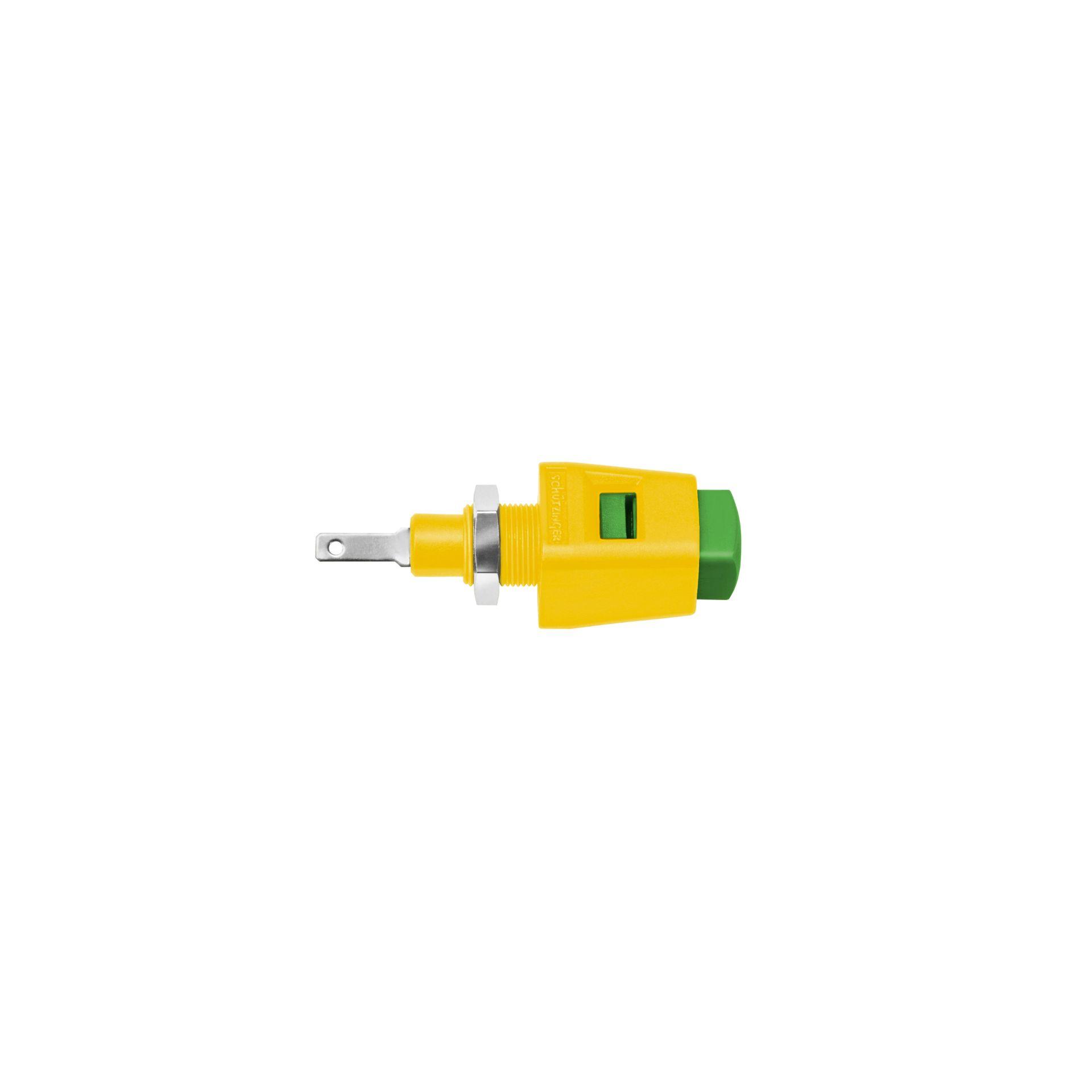Terminale a pressione ad azione rapida, installazione completamente isolata per pannelli frontali in metallo, verde-giallo Terminale a pressione ad azione rapida, installazione completamente isolata per pannelli frontali in metallo, verde-giallo