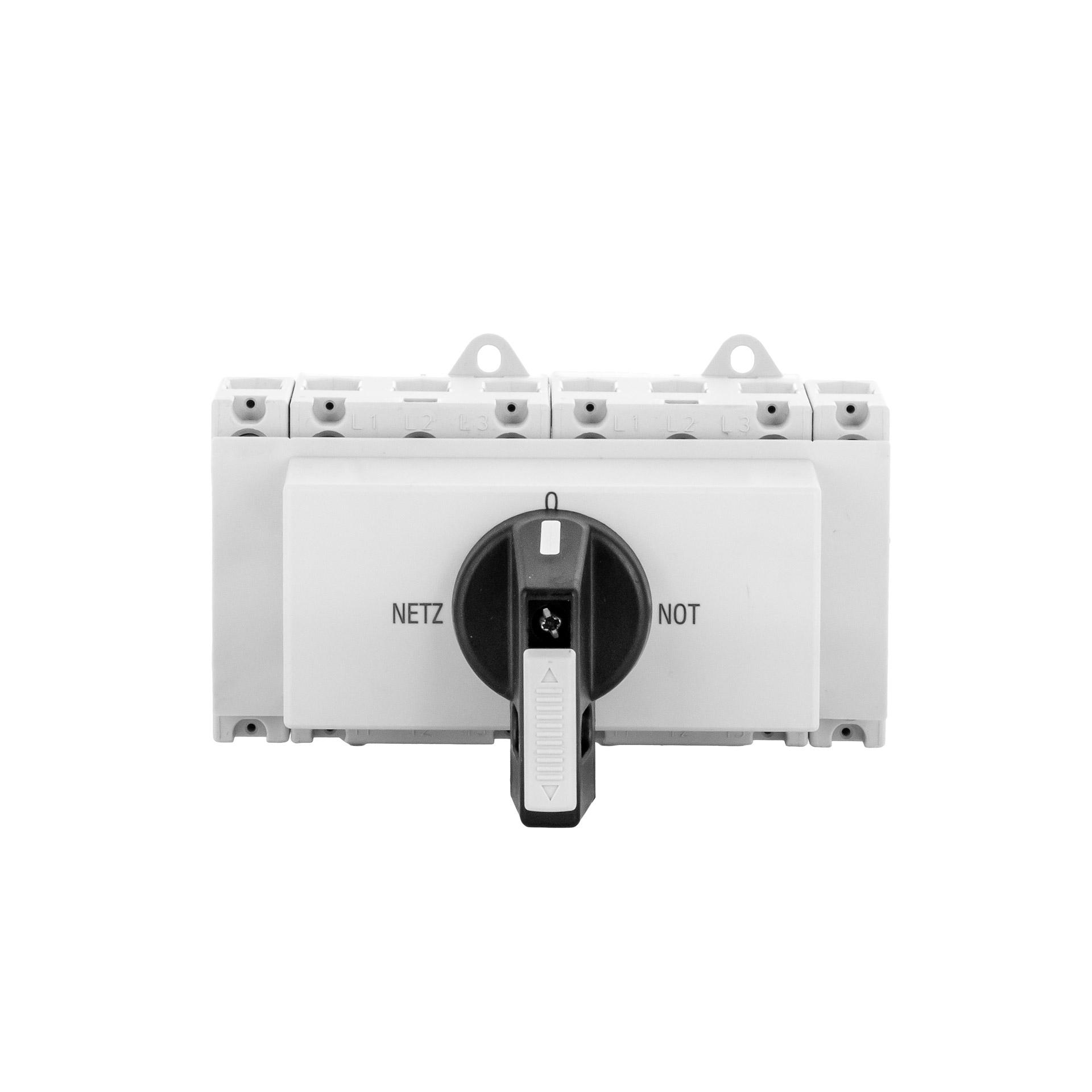 DIN changeover switch with locking device, 4-pole, 63A, 22 kW, IP40, mains-0-emergency