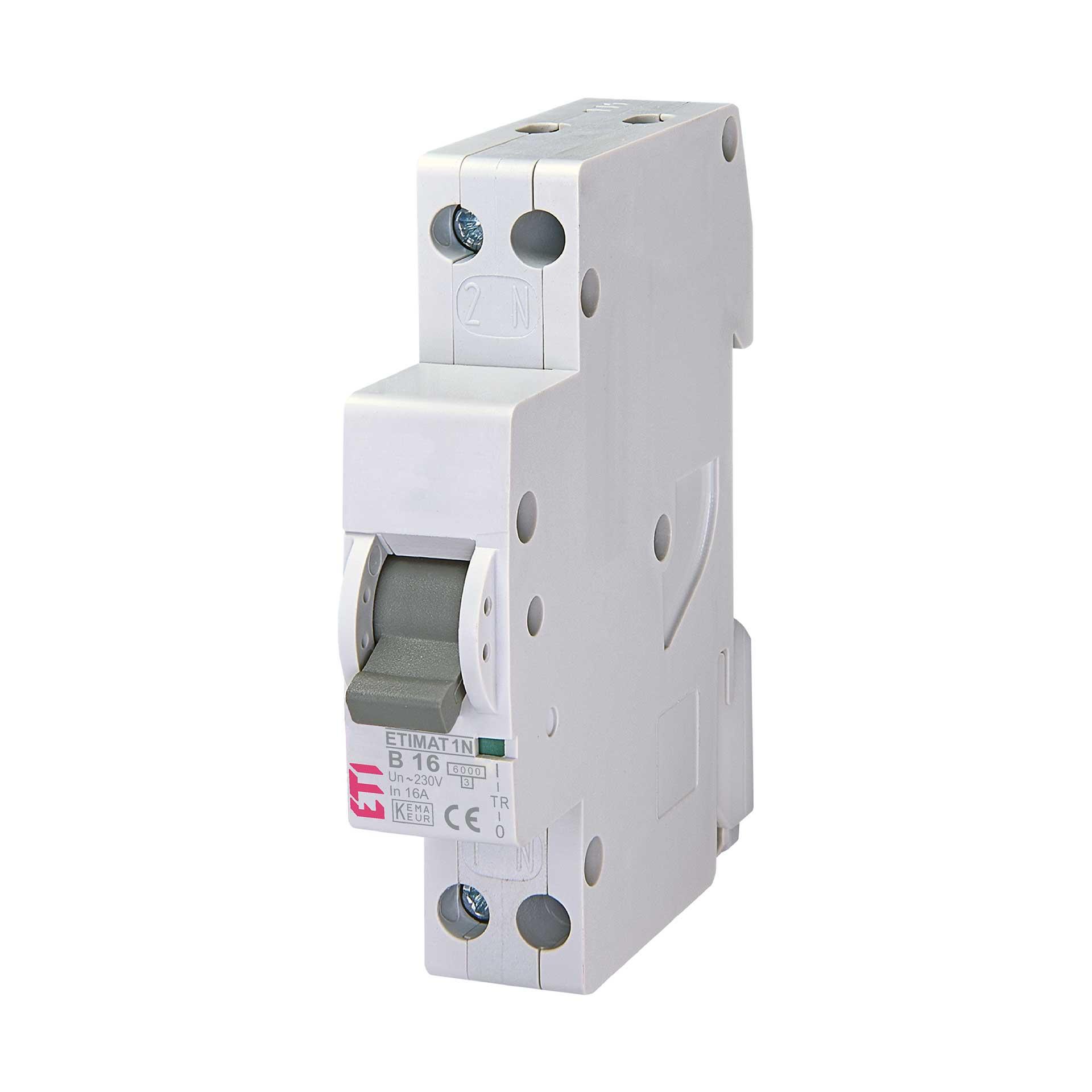 Interruttore automatico ETIMAT 1N, 1 polo+N (1 modulo), caratteristica B / 16A, 6kA Interruttore automatico ETIMAT 1N, 1 polo+N (1 modulo), caratteristica B / 16A, 6kA