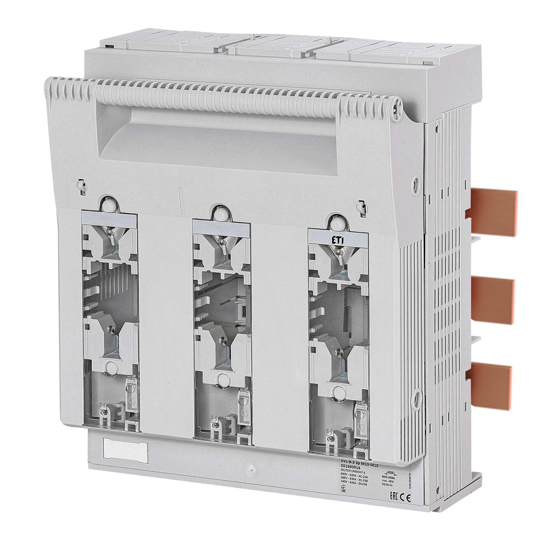 Sezionatore con fusibili NH taglia 3, 3P, max. 630A, KVL-B M10-M10 (sistema a sbarre) Sezionatore con fusibili NH taglia 3, 3P, max. 630A, KVL-B M10-M10 (sistema a sbarre)