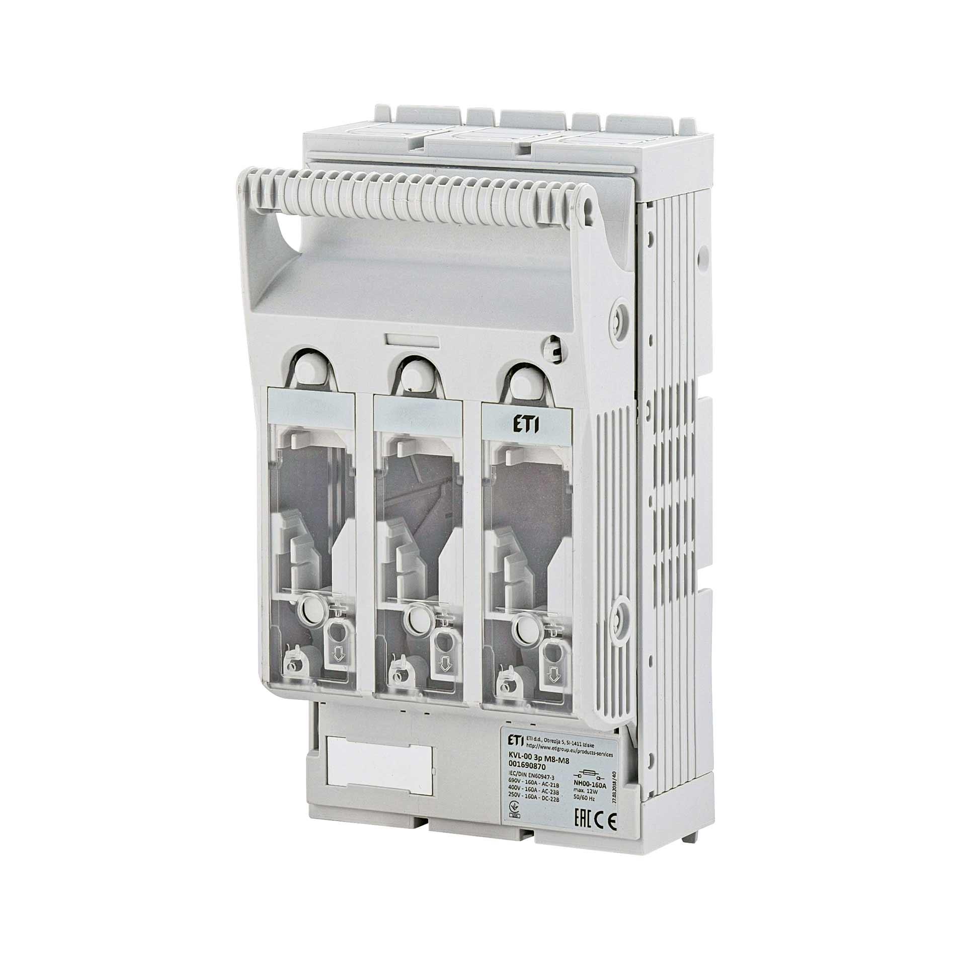 NH-Sicherungslasttrennschalter Gr.00, 3P, Max. 160A, KVL-00 M8-M8 (Aufbaumontage) NH-Sicherungslasttrennschalter Gr.00, 3P, Max. 160A, KVL-00 M8-M8 (Aufbaumontage)
