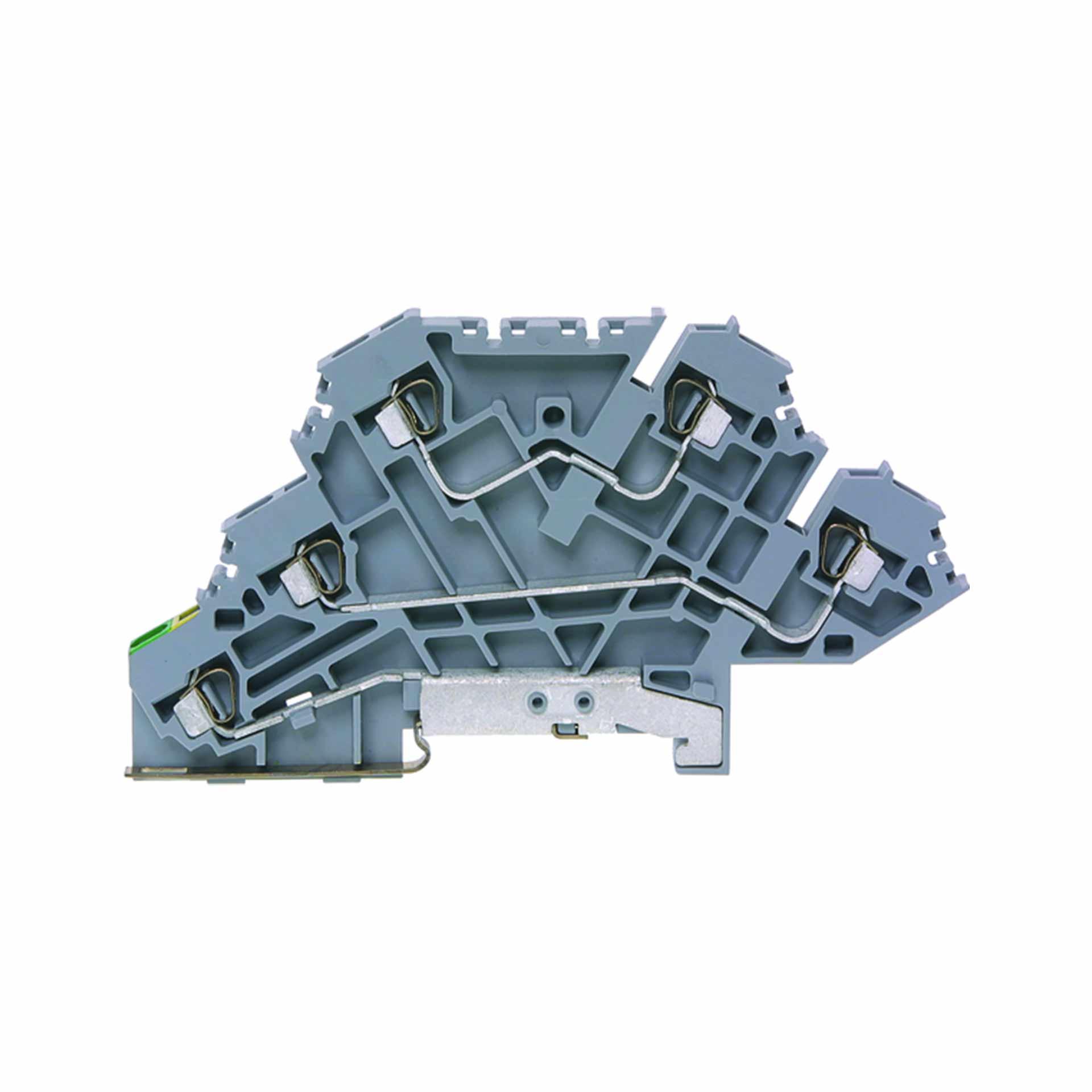 Borne à ressort 3 ét. PE 1.5mm2, 2x 2-conducteurs + 1 conducteur de protection, grise Borne à ressort 3 ét. PE 1.5mm2, 2x 2-conducteurs + 1 conducteur de protection, grise
