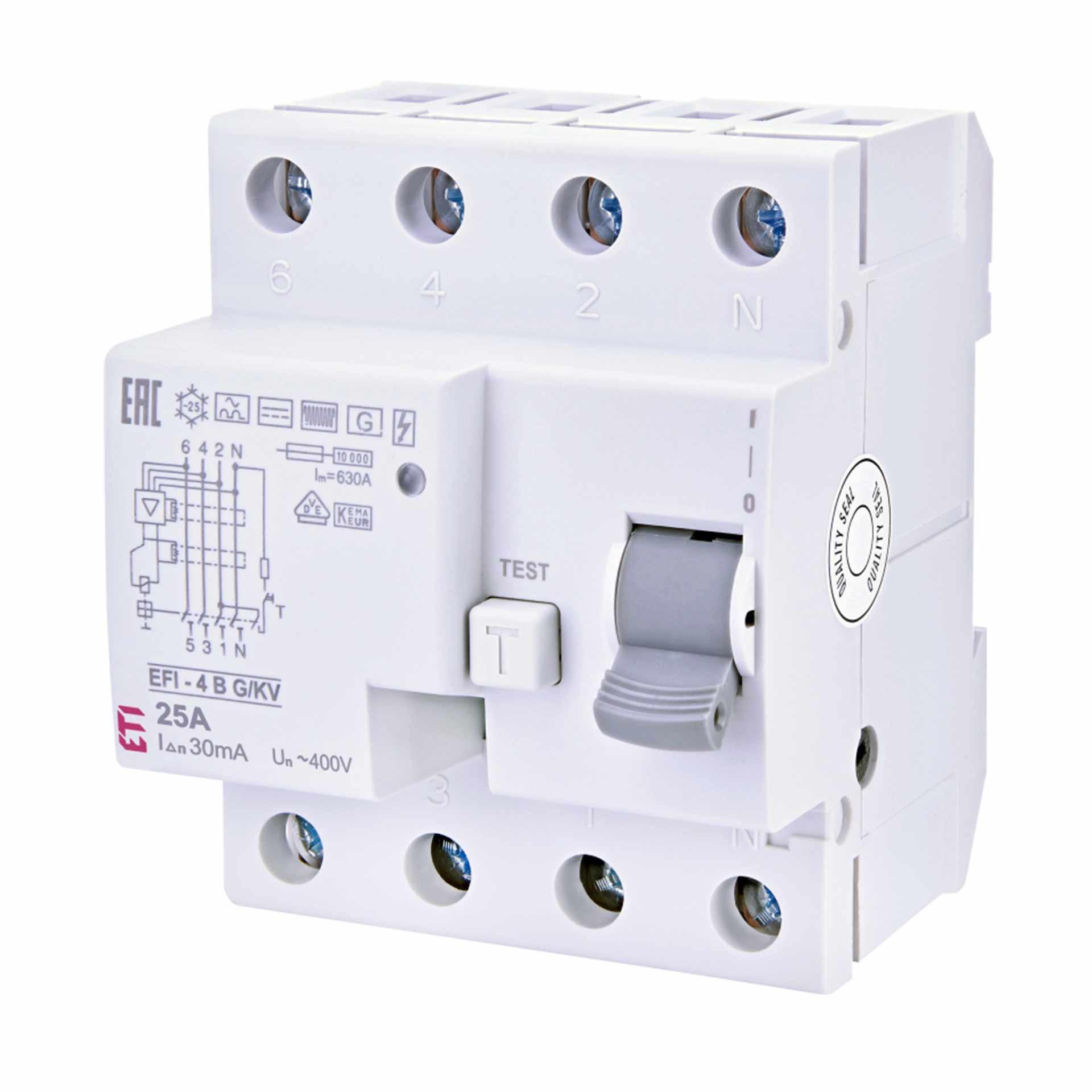 Interrupteur différentiel légèrement temporisé , EFI-P4R, type B, G/KV, 4 pôles, 100A, 10kA (0.3A)