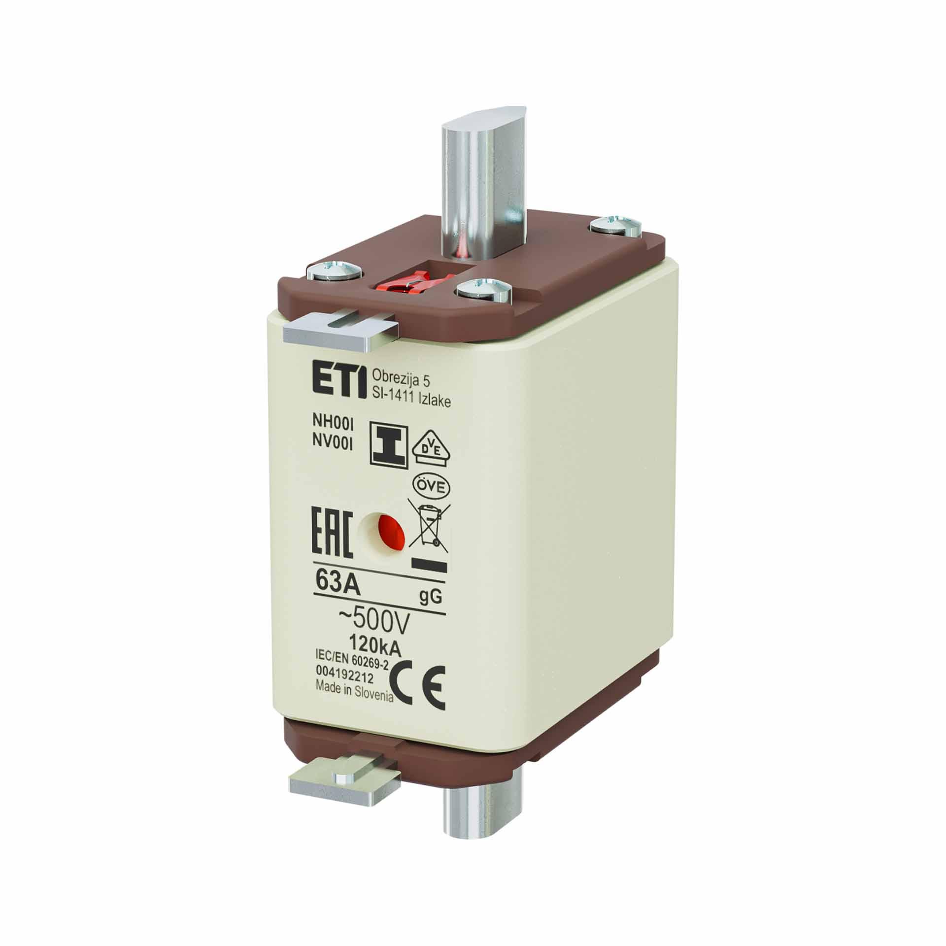 Fusibile NH taglia 00, 63A, caratteristica gG, 500V isolato Fusibile NH taglia 00, 63A, caratteristica gG, 500V isolato