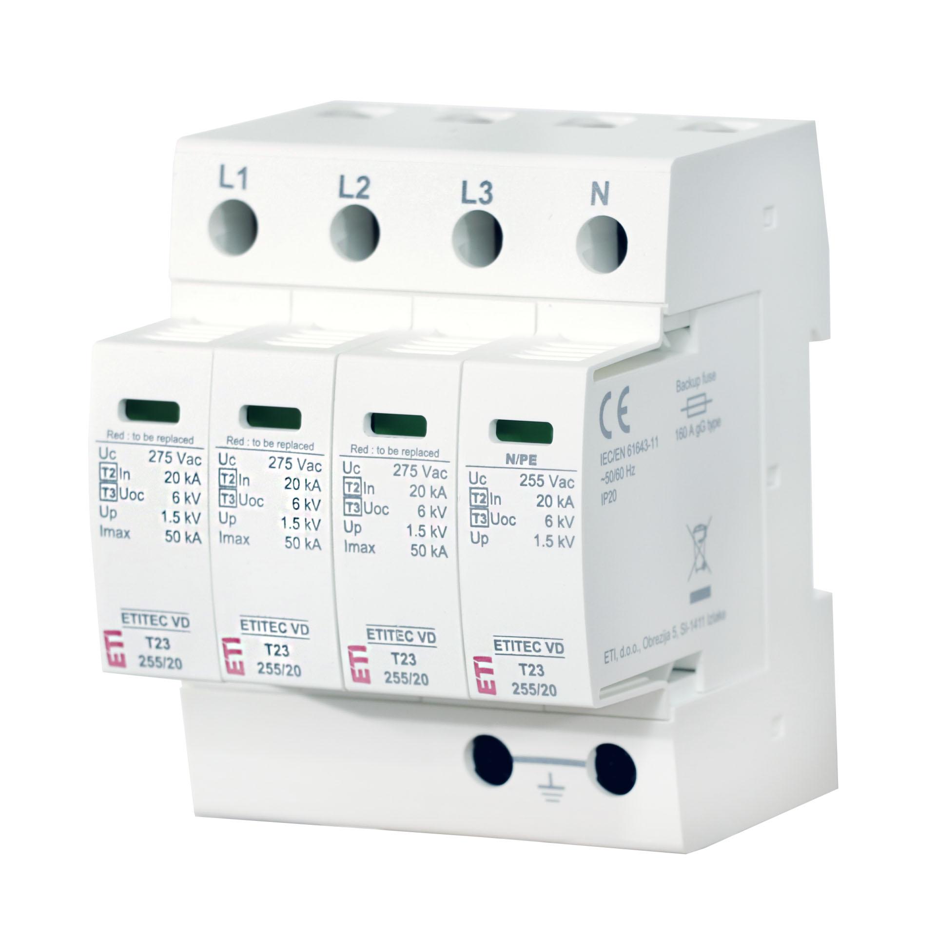 Scaricatore di sovratensione tipo 2+3, ETITEC VD T23 255/12,5 3+1 RC senza corrente di dispersione, (TN-S & TT) Scaricatore di sovratensione tipo 2+3, ETITEC VD T23 255/12,5 3+1 RC senza corrente di dispersione, (TN-S & TT)