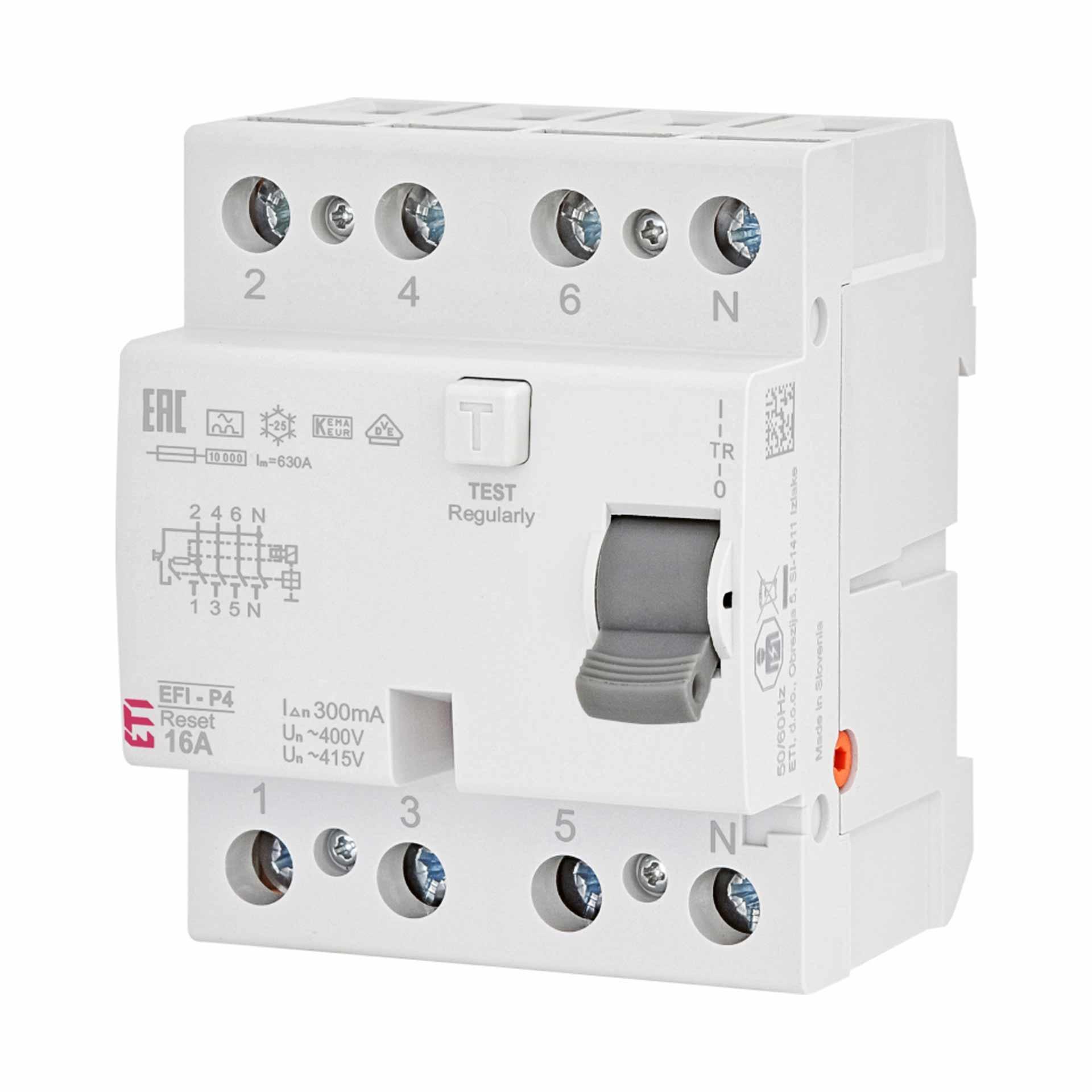 Interrupteur différentiel instantané, EFI-4R, type A, 4 pôles, 125A, 10kA (0.03A)