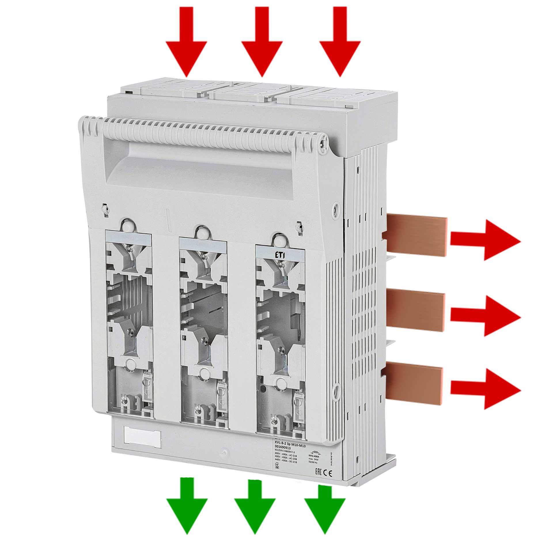 Sezionatore con fusibili NH taglia 2, 3P, max. 400A, KVL B/FT M10-M10 AU (sistema a sbarre)