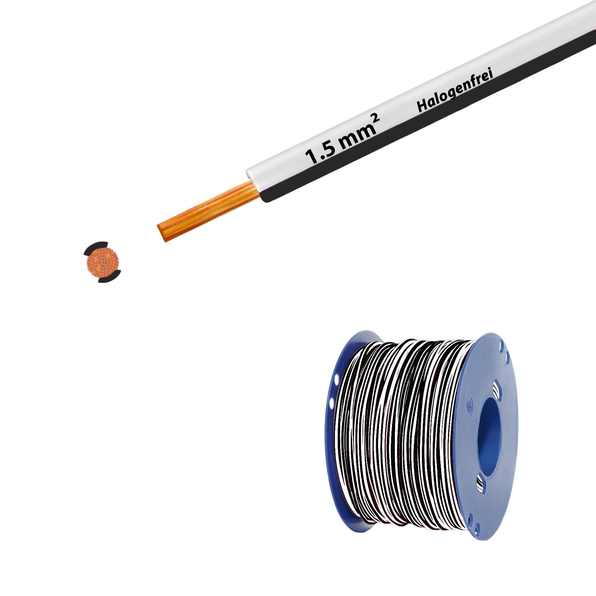Halogen-free stranded wire 90° C, 750V, 1.50mm2, white-black (RAL 9010/9005), on plastic reel