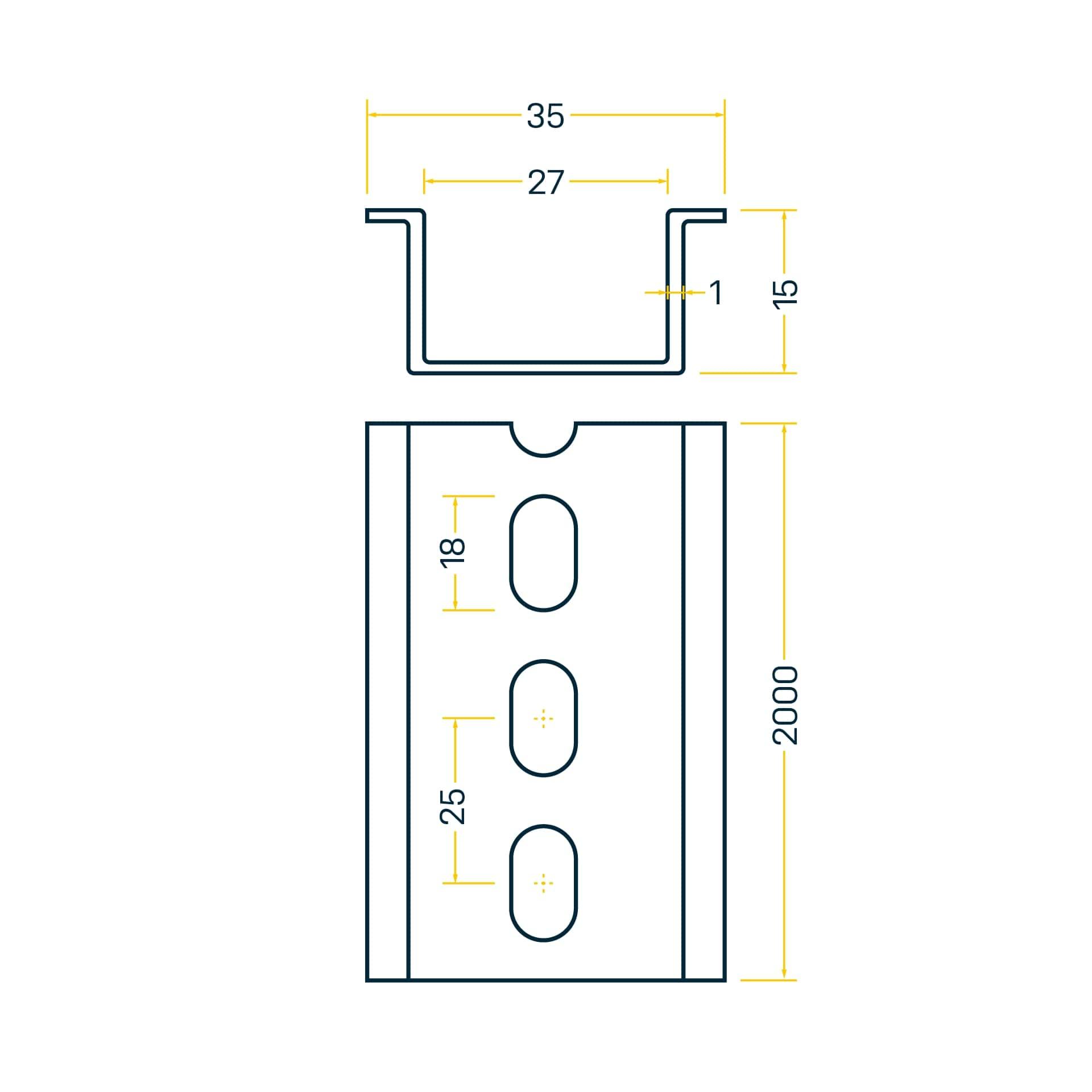 Rail DIN 35x15mm, barre de 2m, acier galvanisé,trous oblongs 6.3x18mm (espacement 25mm) Rail DIN 35x15mm, barre de 2m, acier galvanisé,trous oblongs 6.3x18mm (espacement 25mm)