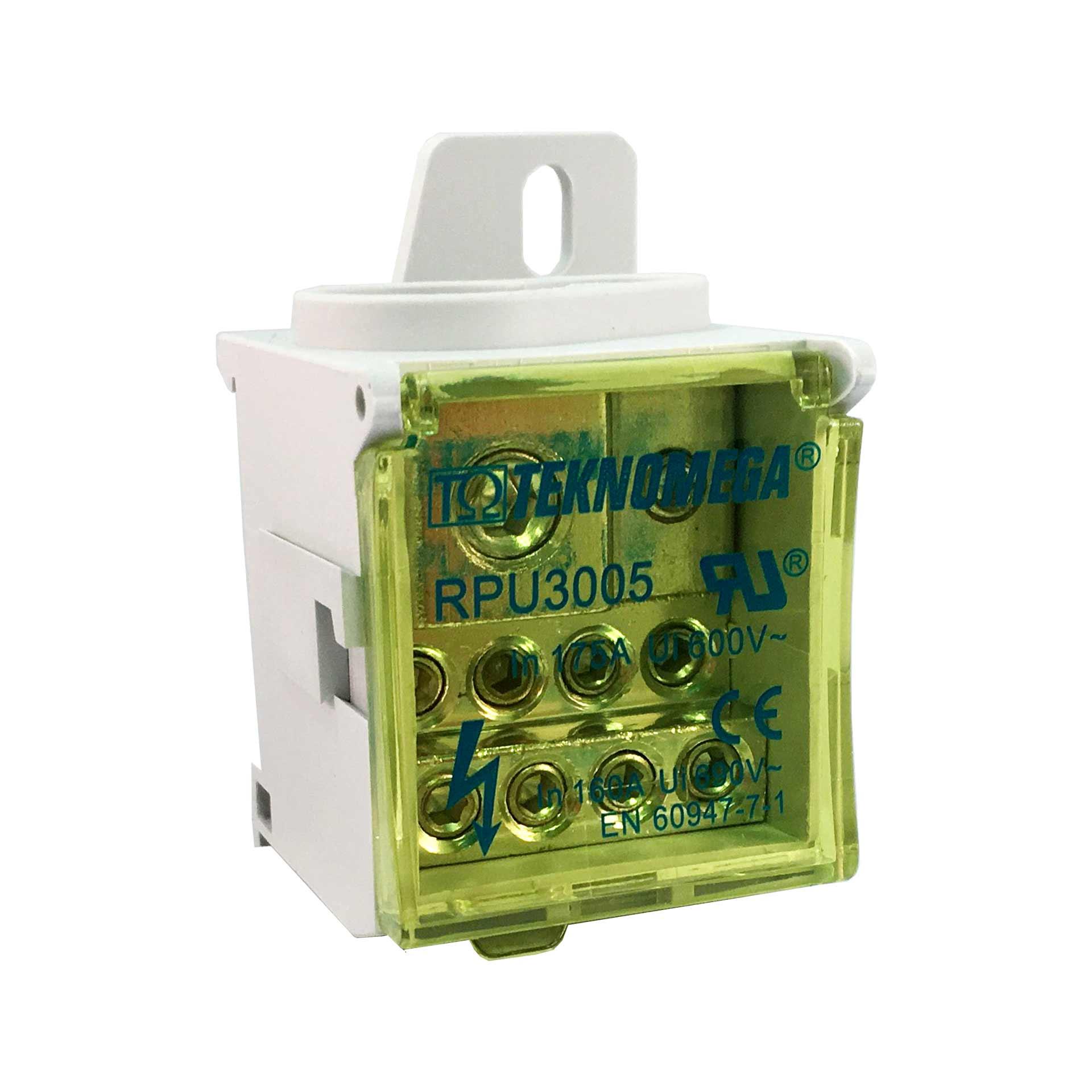 Morsettiera monofase 160A 690V, ingressi: 1x 10-70mm2, uscite: 1x 6-16mm2, 8x 2,5-16mm2 Morsettiera monofase 160A 690V, ingressi: 1x 10-70mm2, uscite: 1x 6-16mm2, 8x 2,5-16mm2