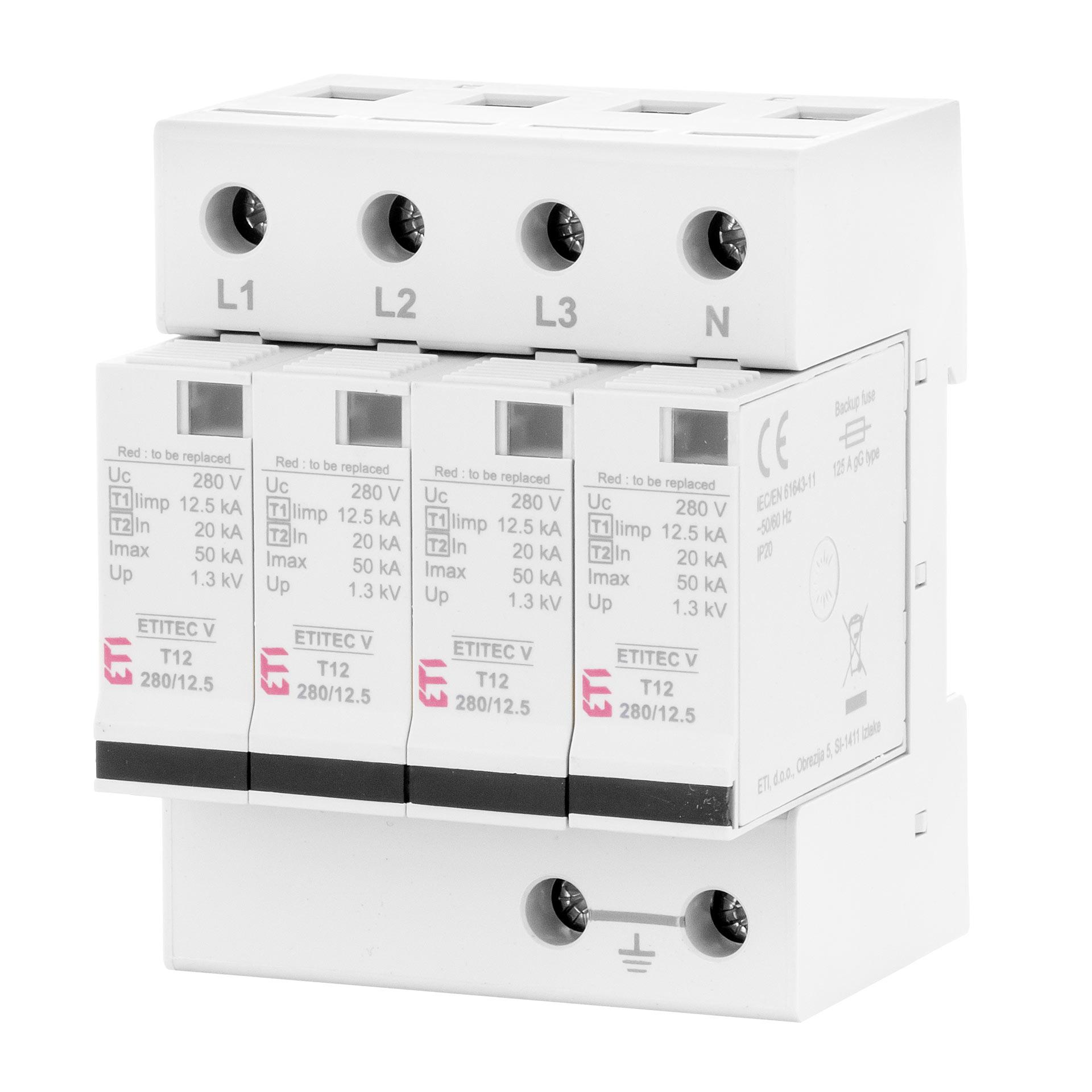 Scaricatore di sovratensione tipo 1+2, ETITEC V B T12 280/12,5 4+0 RC, (TN-S) Scaricatore di sovratensione tipo 1+2, ETITEC V B T12 280/12,5 4+0 RC, (TN-S)