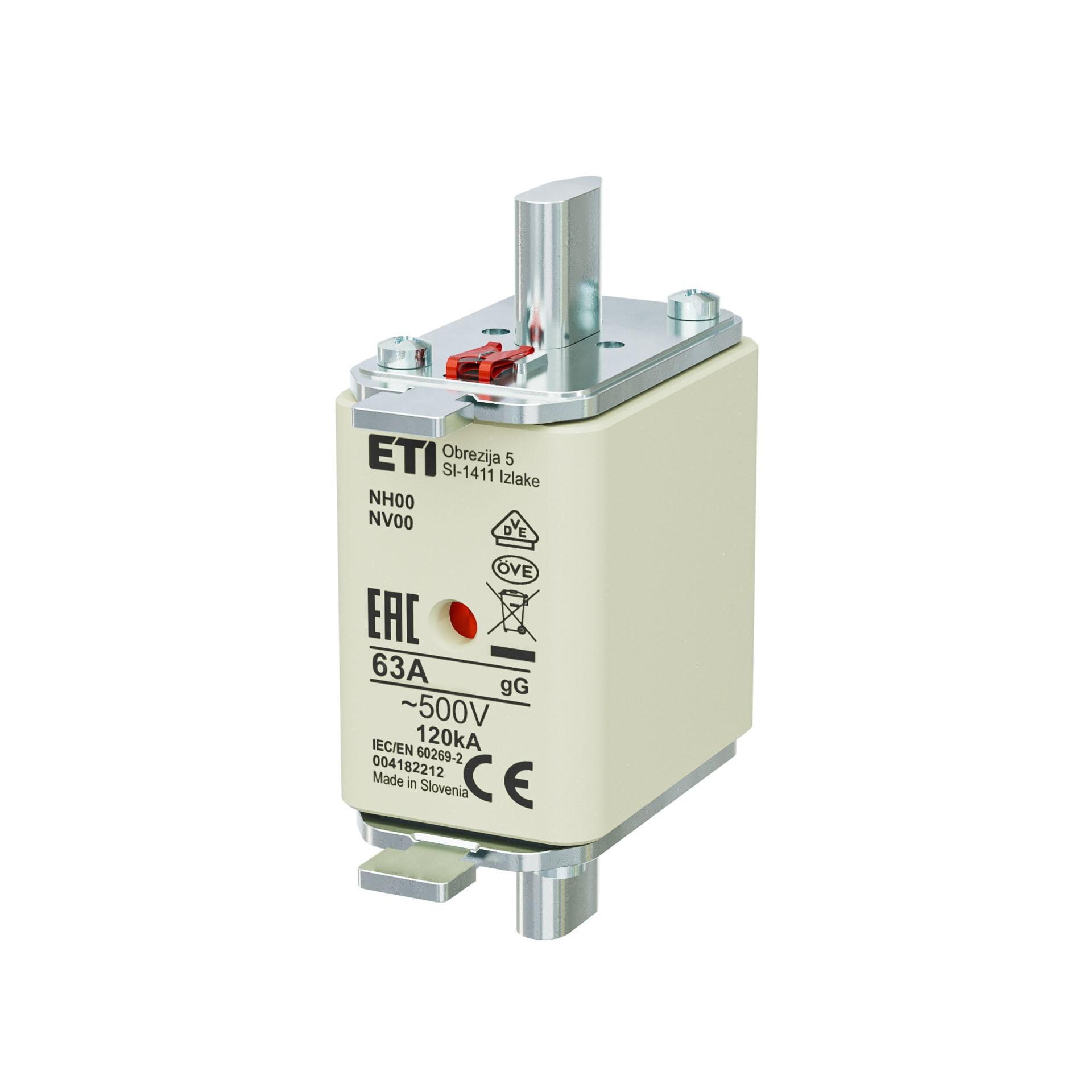 Fusibile NH taglia 00 63A, caratteristica gL-gG 500V Fusibile NH taglia 00 63A, caratteristica gL-gG 500V